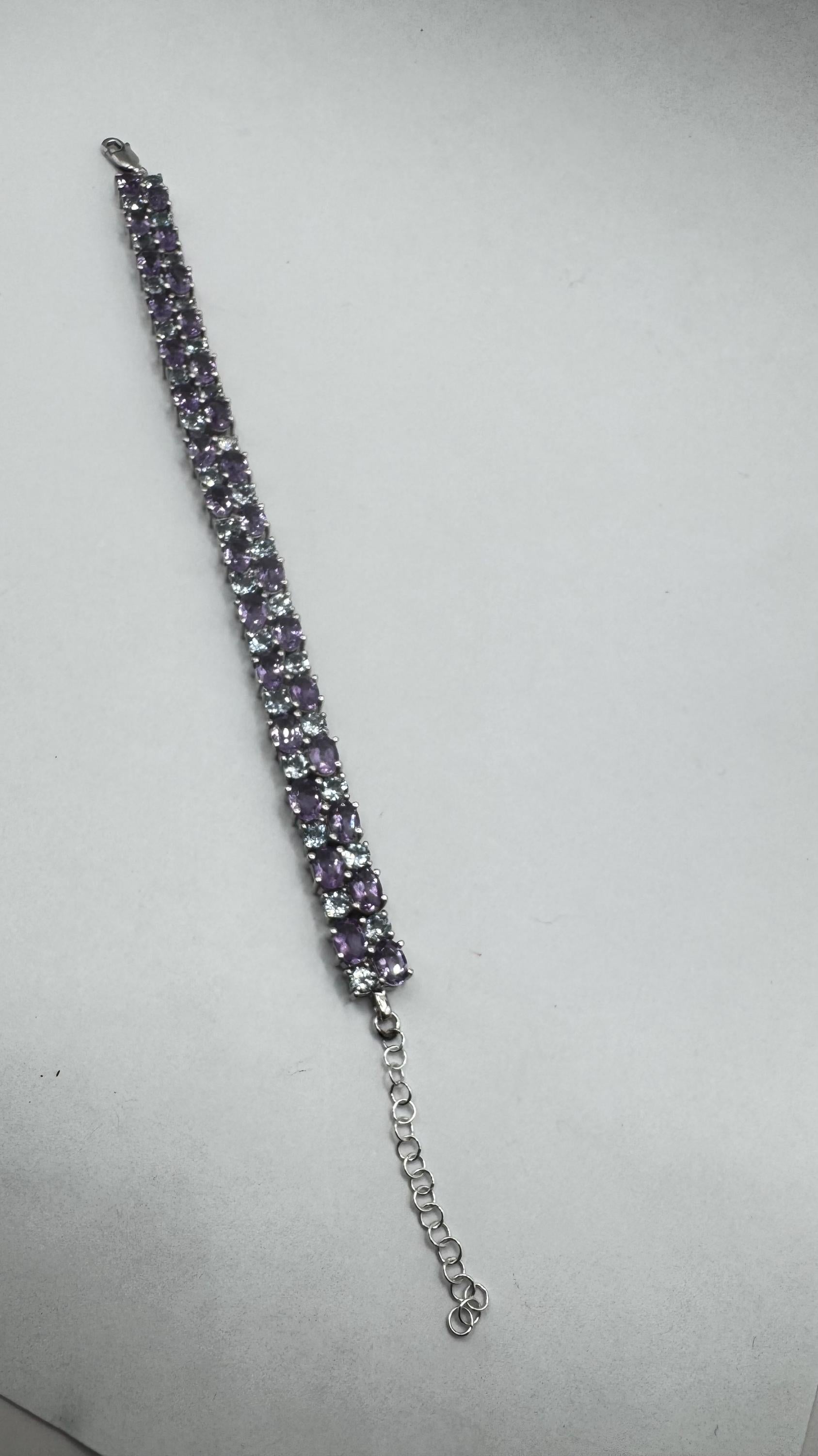 Handmade Genuine Purple Amethyst and Sapphire 925 Sterling Silver Tennis Bracelet