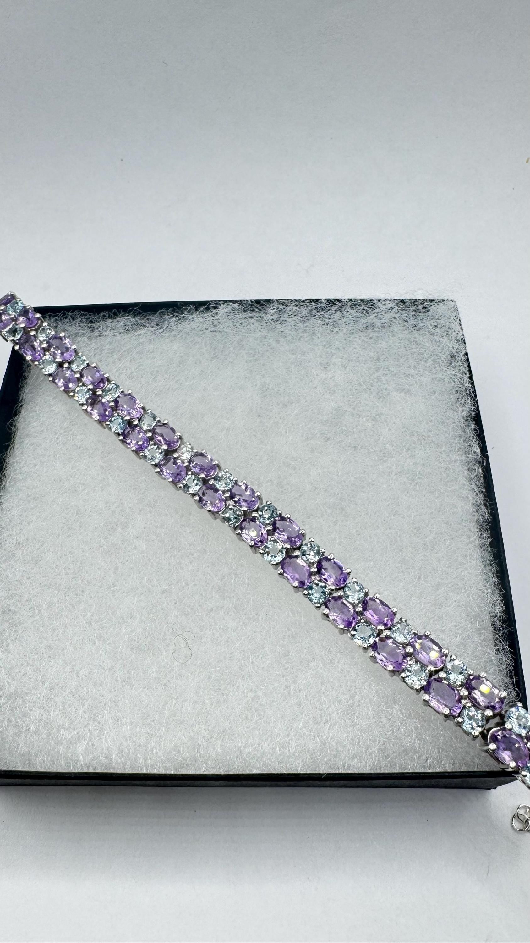 Handmade Genuine Purple Amethyst and Sapphire 925 Sterling Silver Tennis Bracelet