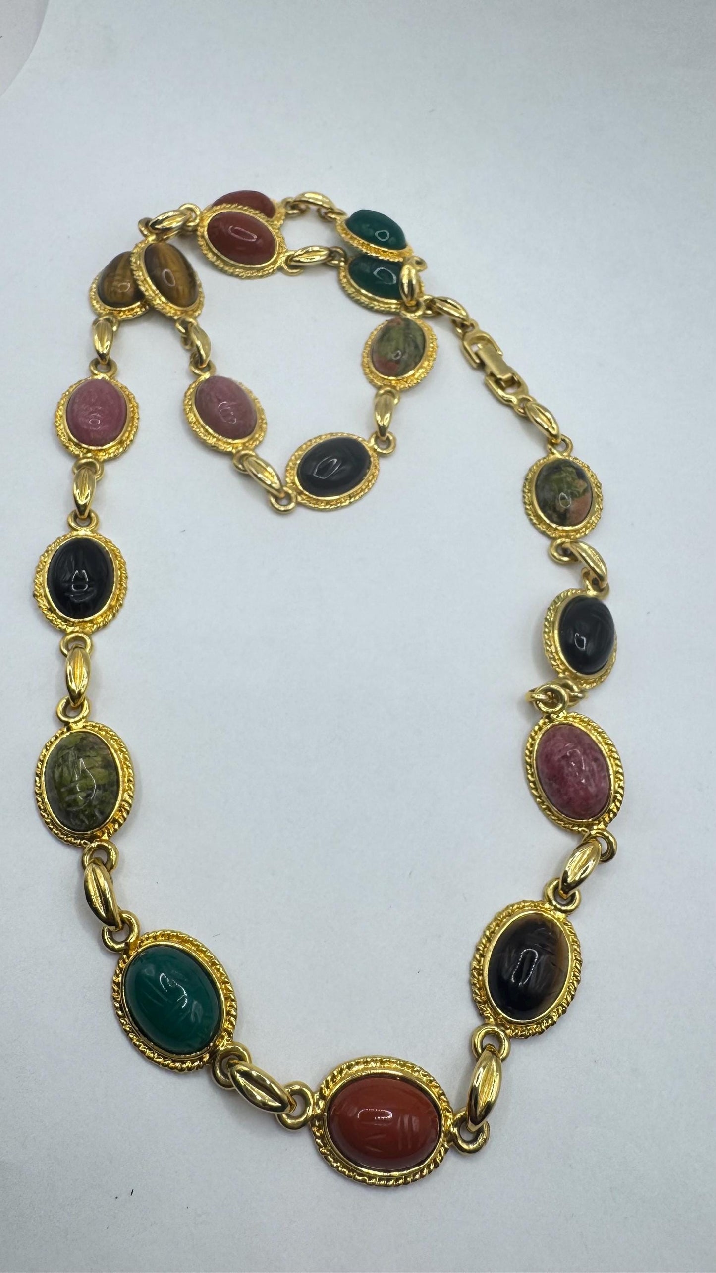 Vintage Green Jade Mixed Stone scarab Yellow 12k Gold Fill Necklace