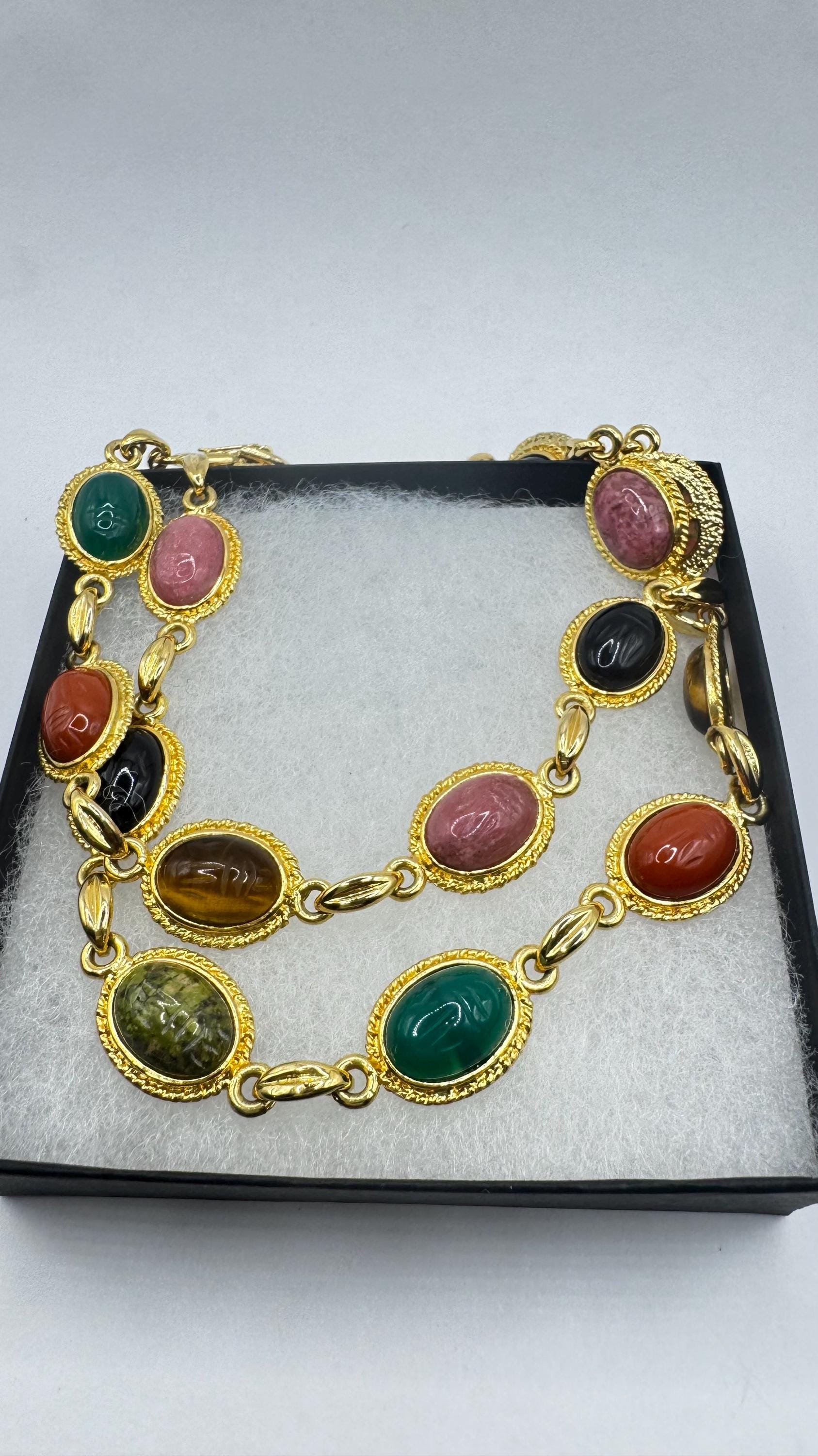 Vintage Green Jade Mixed Stone scarab Yellow 12k Gold Fill Necklace