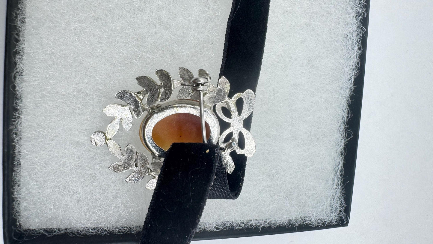 Vintage Shell Cameo 925 Sterling Silver Necklace Pin Choker