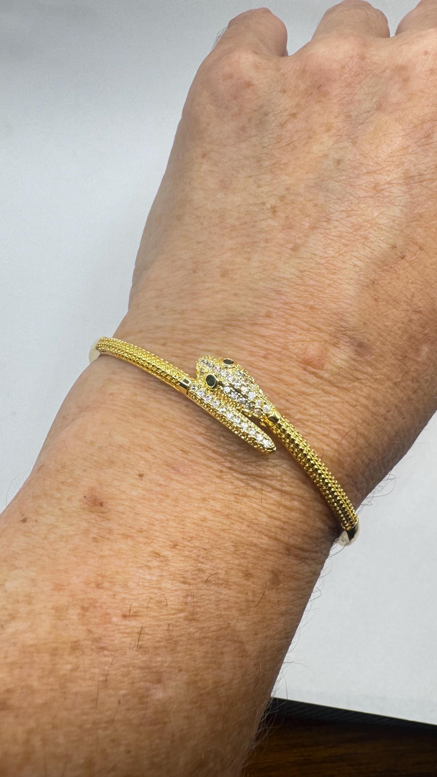 Vintage Snake Bangle Bracelet Gold Filled Green Crystal Eyes