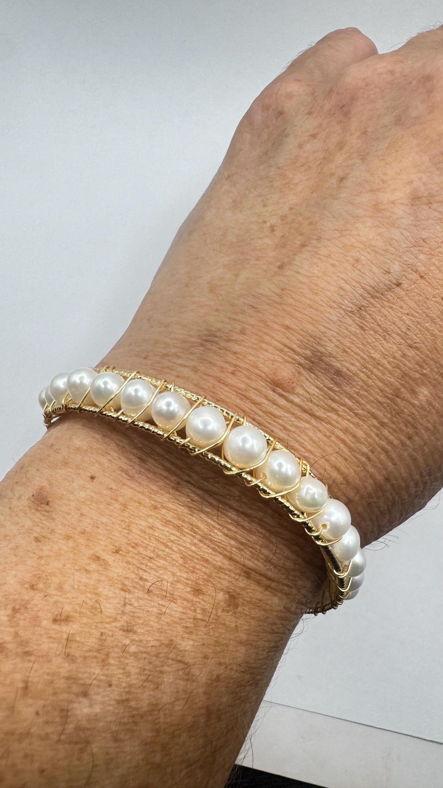 Vintage Pearl Cuff Bangle Bracelet Gold 925 Sterling Silver Hand Made