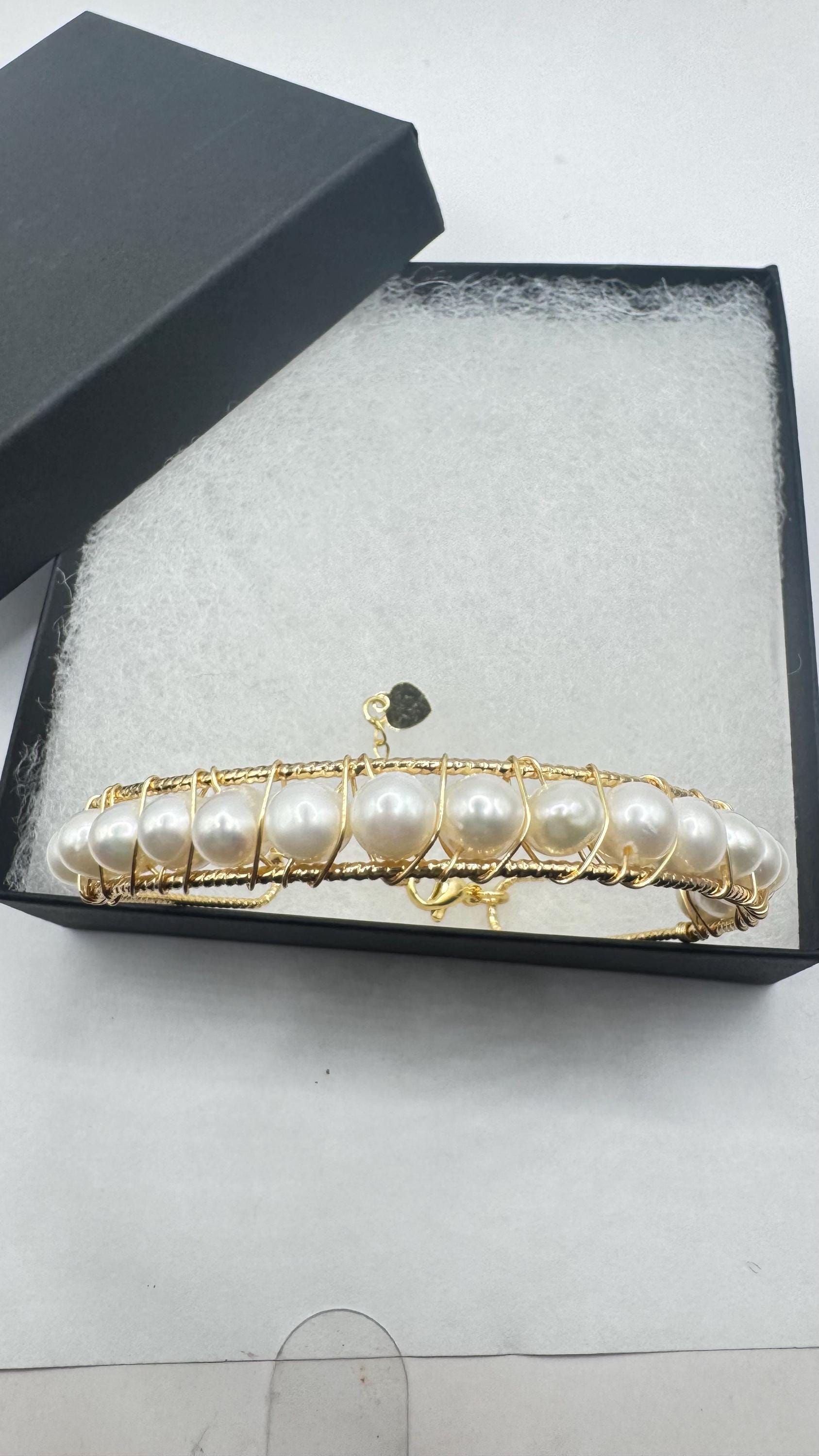 Vintage Pearl Cuff Bangle Bracelet Gold 925 Sterling Silver Hand Made