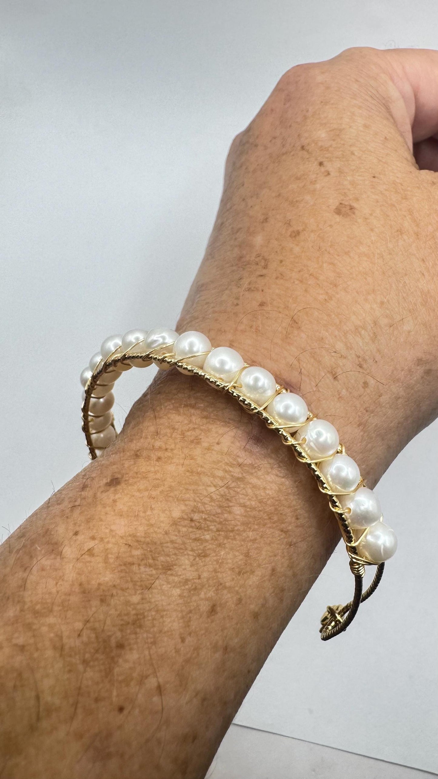 Vintage Pearl Cuff Bangle Bracelet Gold 925 Sterling Silver Hand Made