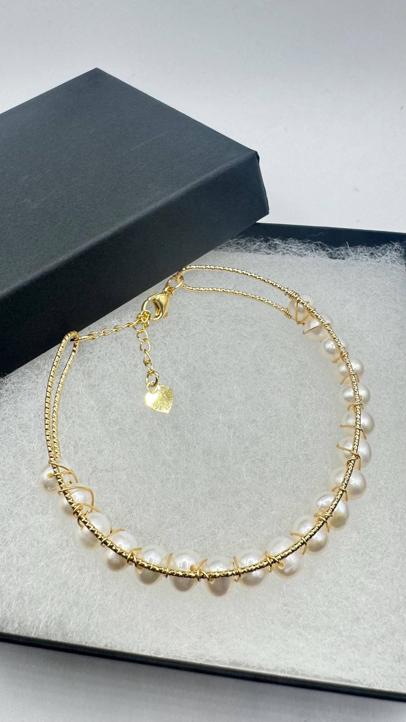 Vintage Pearl Cuff Bangle Bracelet Gold 925 Sterling Silver Hand Made