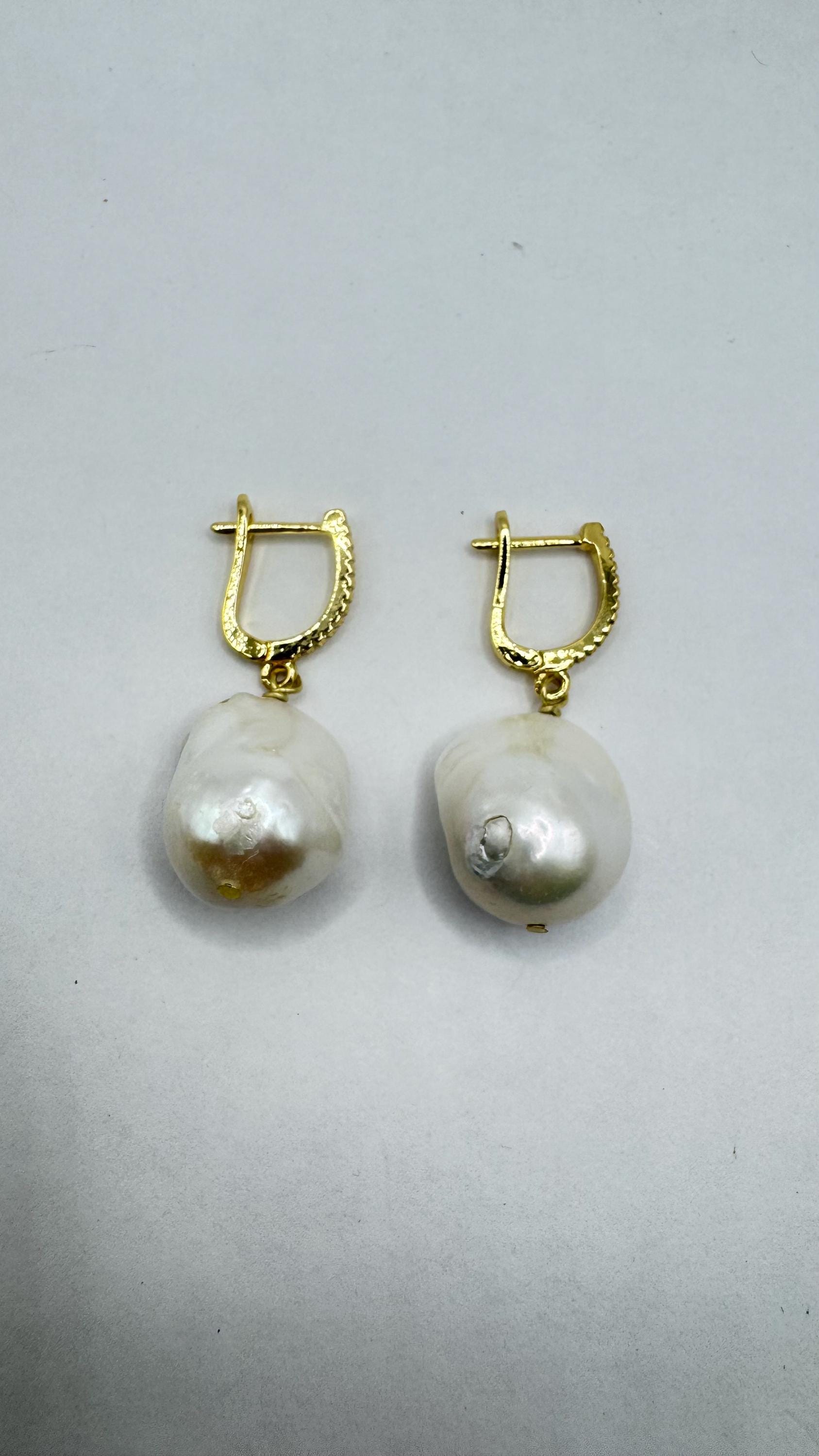 Vintage Biwa Pearl Gold 925 Sterling Silver Dangle Earrings