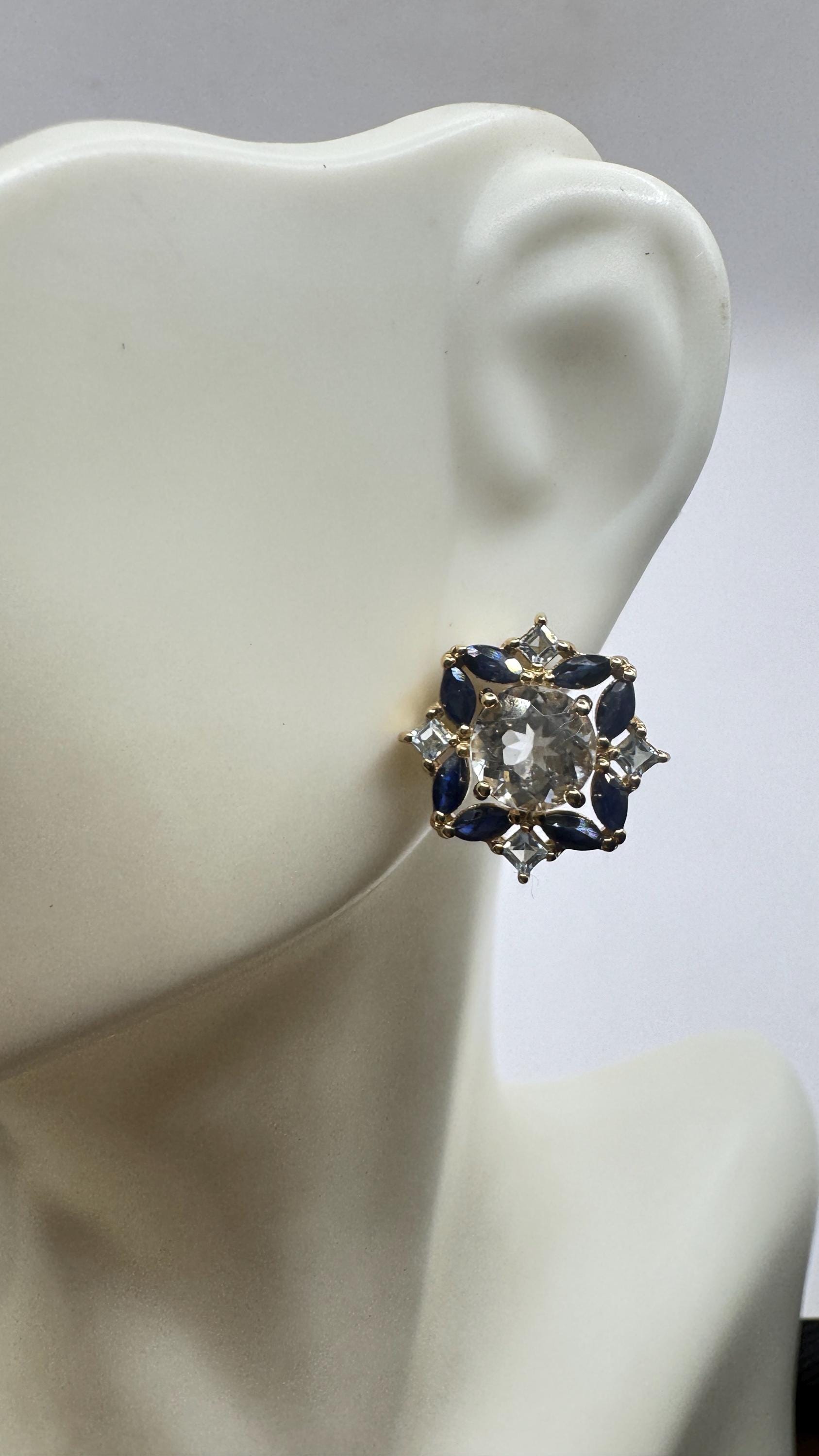 Vintage aquamarine blue sapphire Gold 925 Sterling Silver Post Earrings