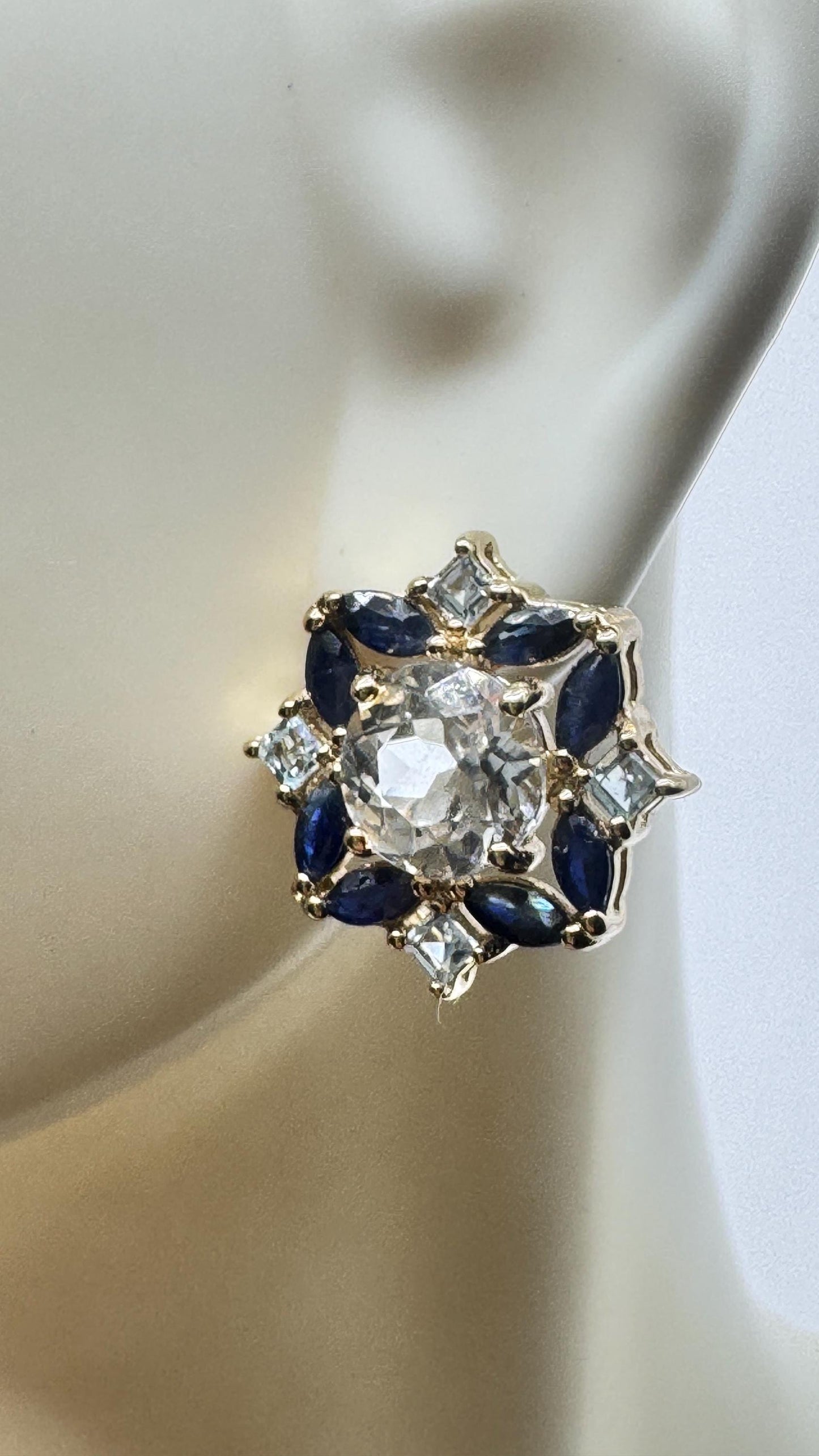 Vintage aquamarine blue sapphire Gold 925 Sterling Silver Post Earrings