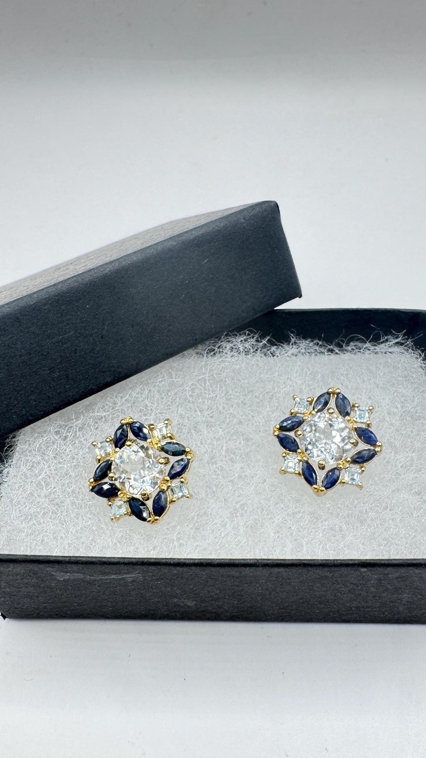 Vintage aquamarine blue sapphire Gold 925 Sterling Silver Post Earrings