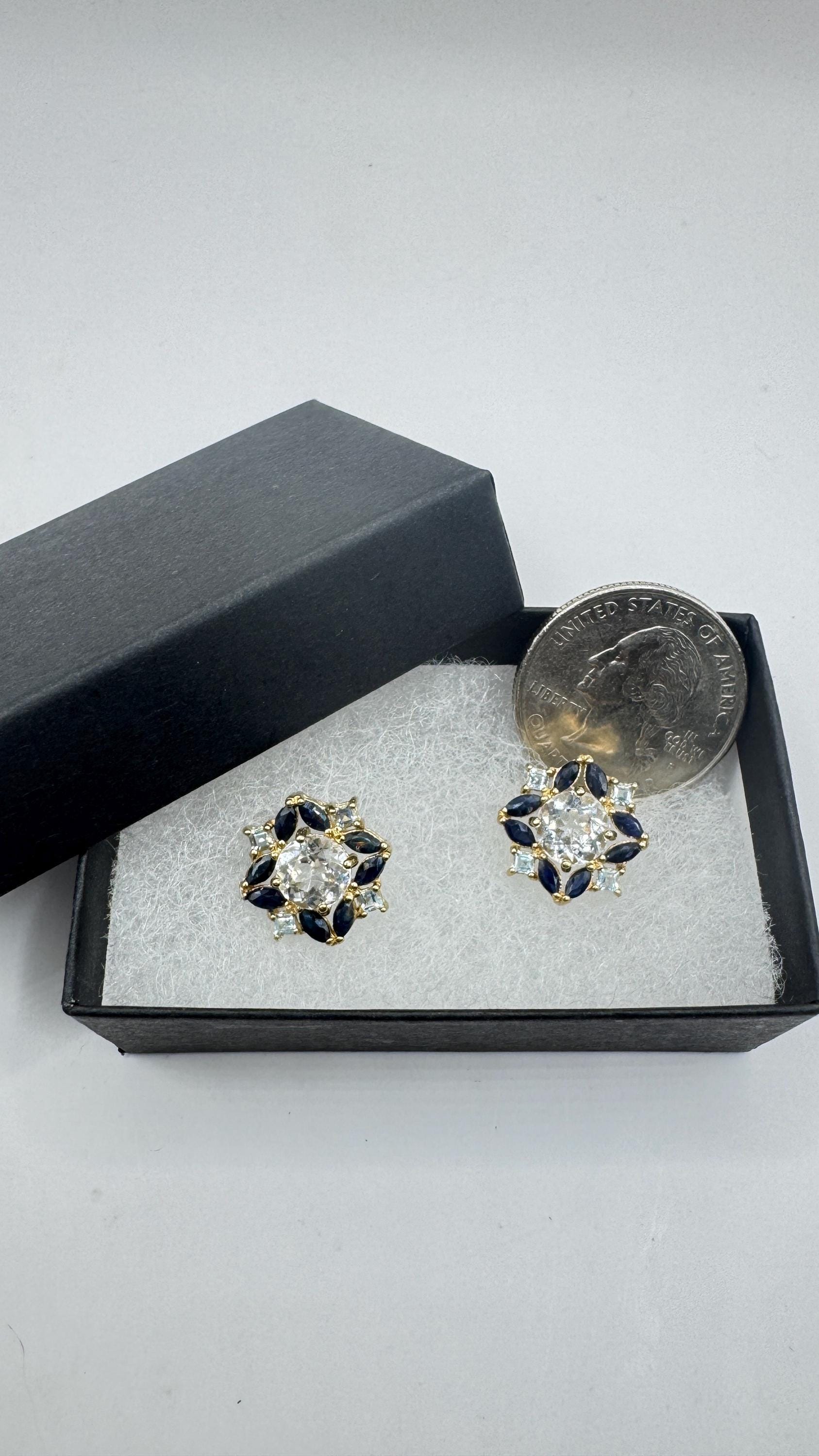 Vintage aquamarine blue sapphire Gold 925 Sterling Silver Post Earrings