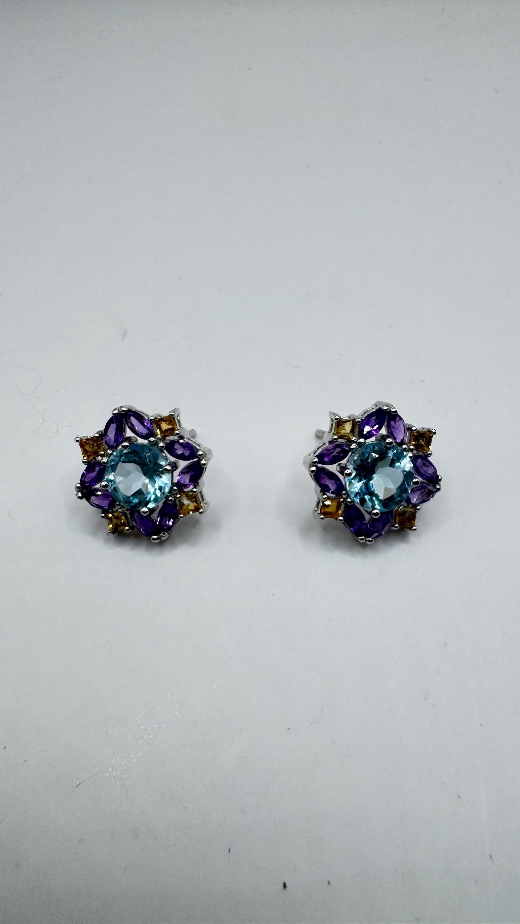 Vintage blue topaz amethyst citrine 925 Sterling Silver Post Earrings