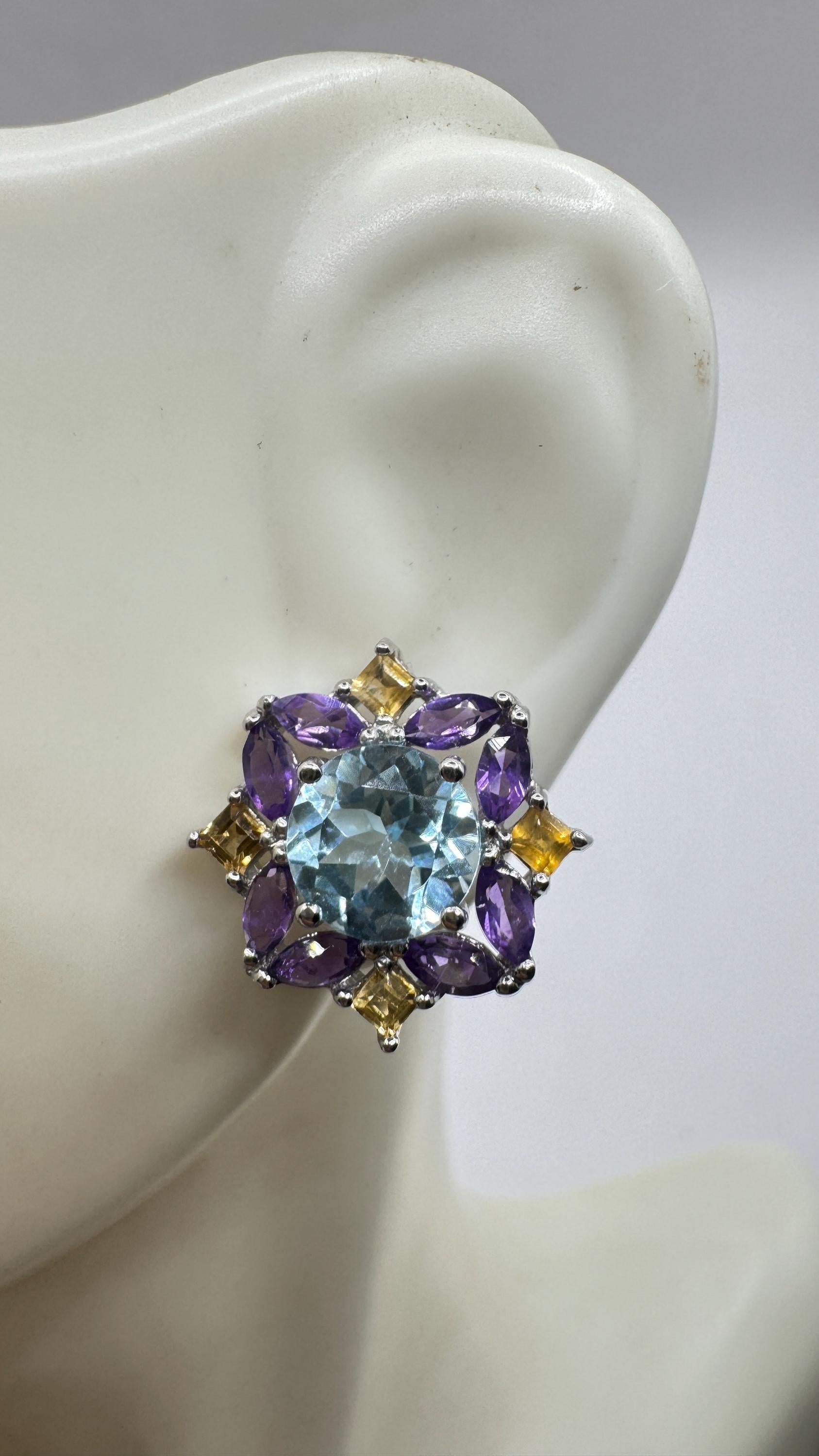 Vintage blue topaz amethyst citrine 925 Sterling Silver Post Earrings