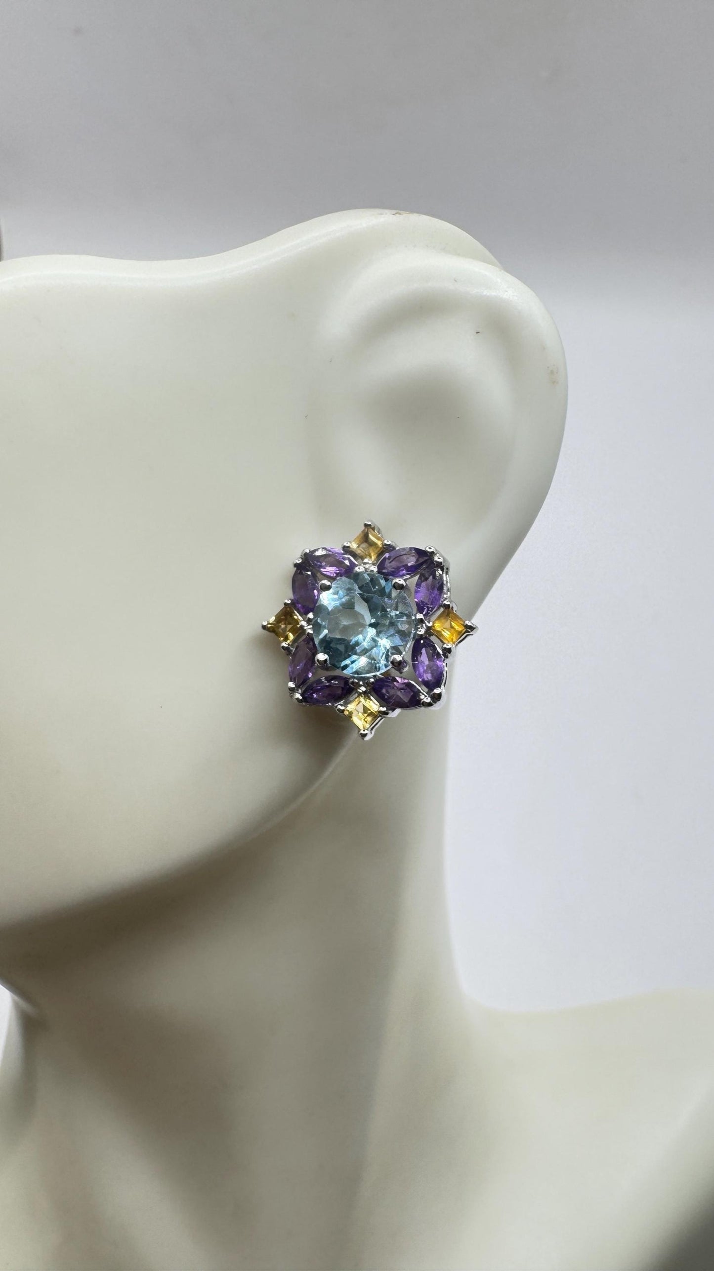 Vintage blue topaz amethyst citrine 925 Sterling Silver Post Earrings