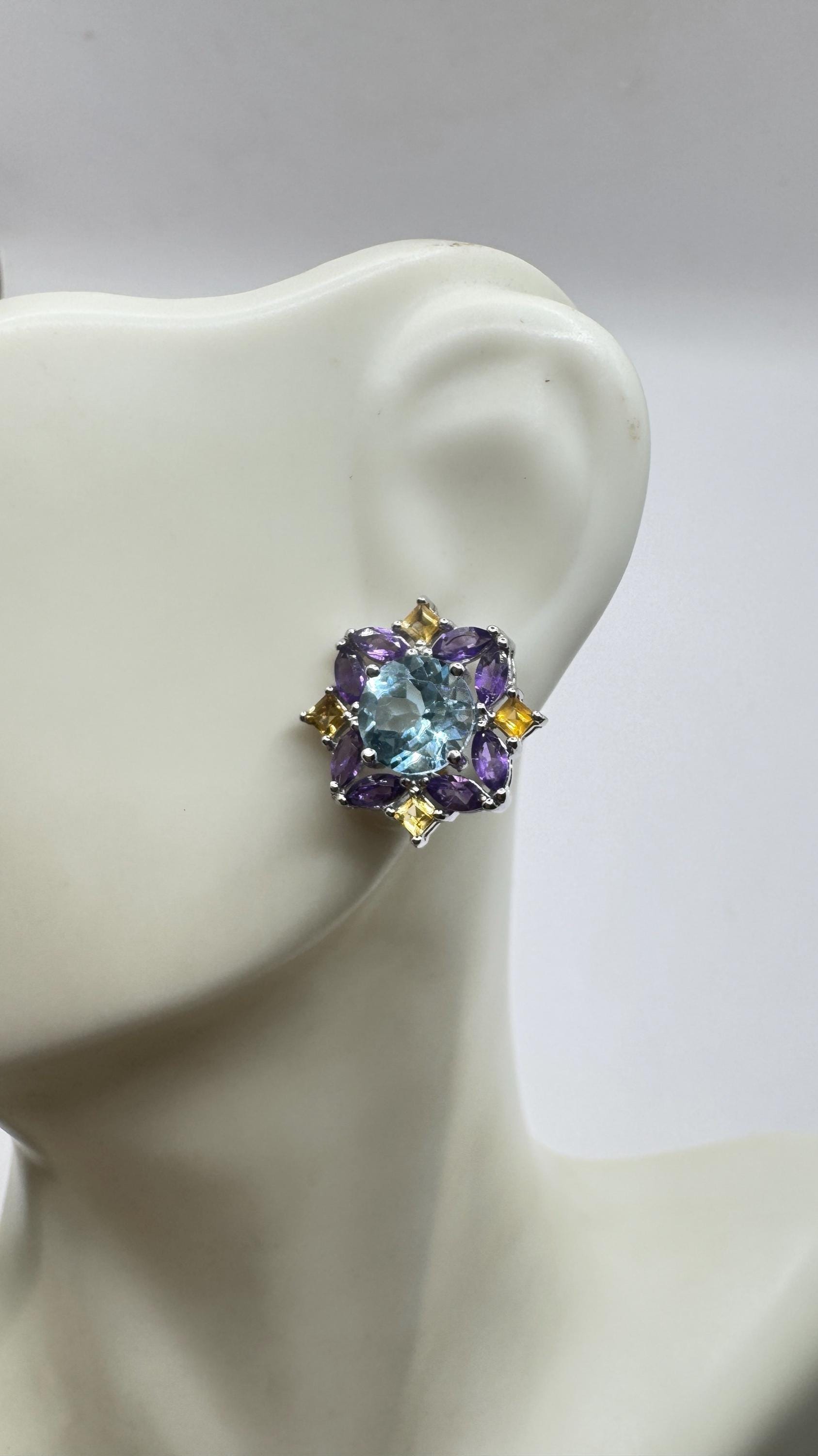 Vintage blue topaz amethyst citrine 925 Sterling Silver Post Earrings