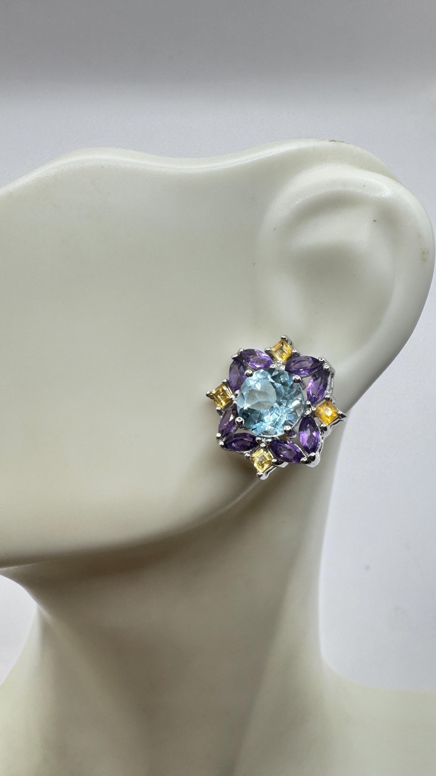 Vintage blue topaz amethyst citrine 925 Sterling Silver Post Earrings