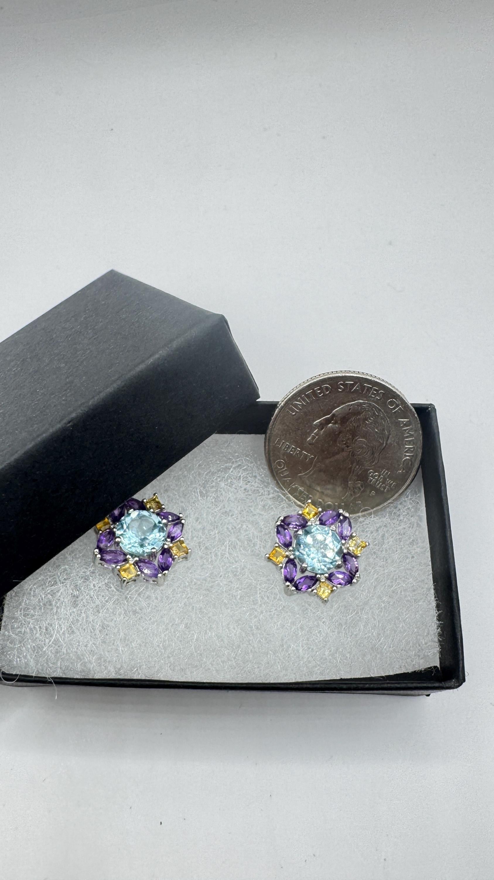 Vintage blue topaz amethyst citrine 925 Sterling Silver Post Earrings