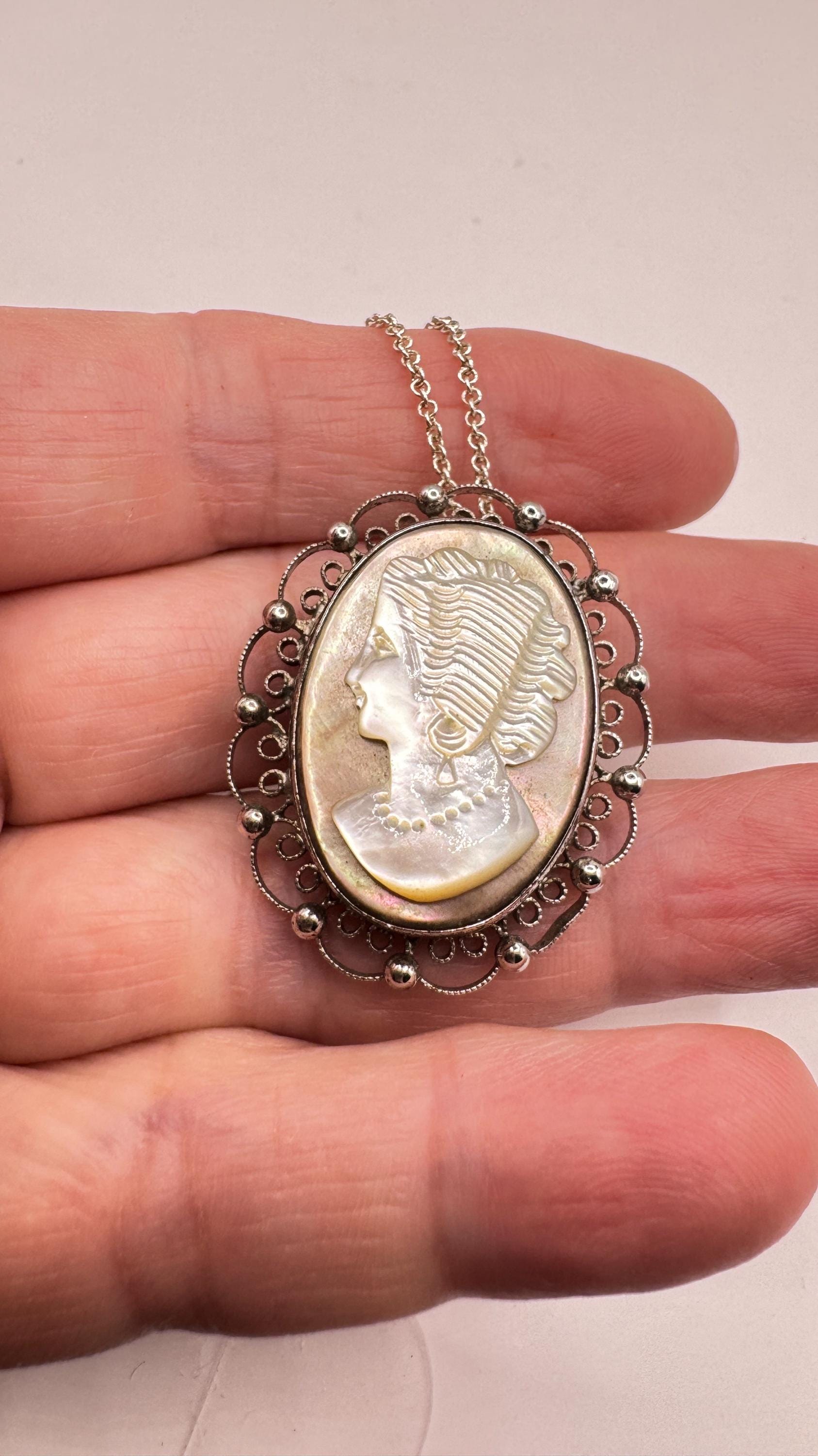 Vintage abalone Cameo Sterling Silver Necklace Pin Brooch