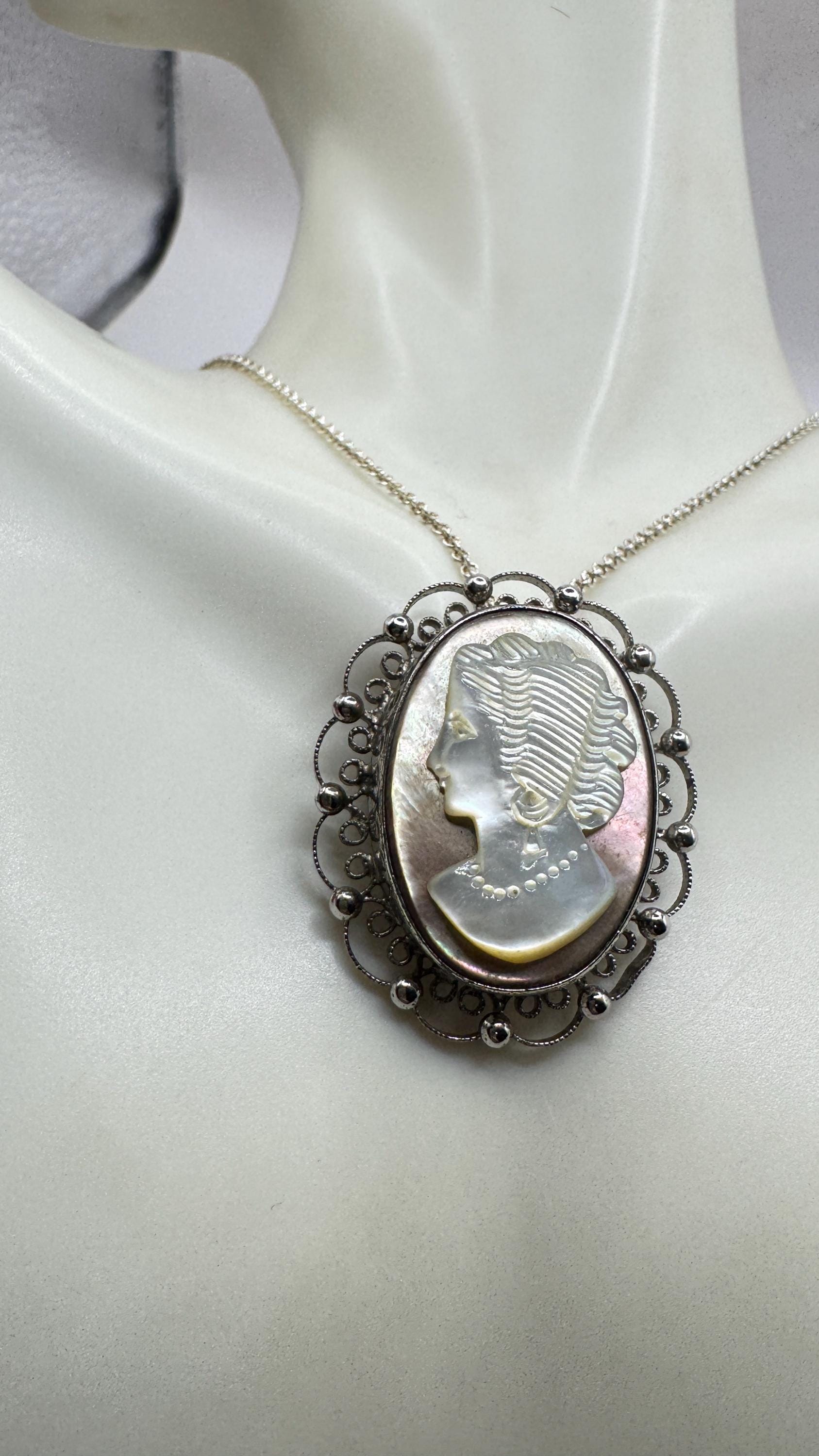 Vintage abalone Cameo Sterling Silver Necklace Pin Brooch