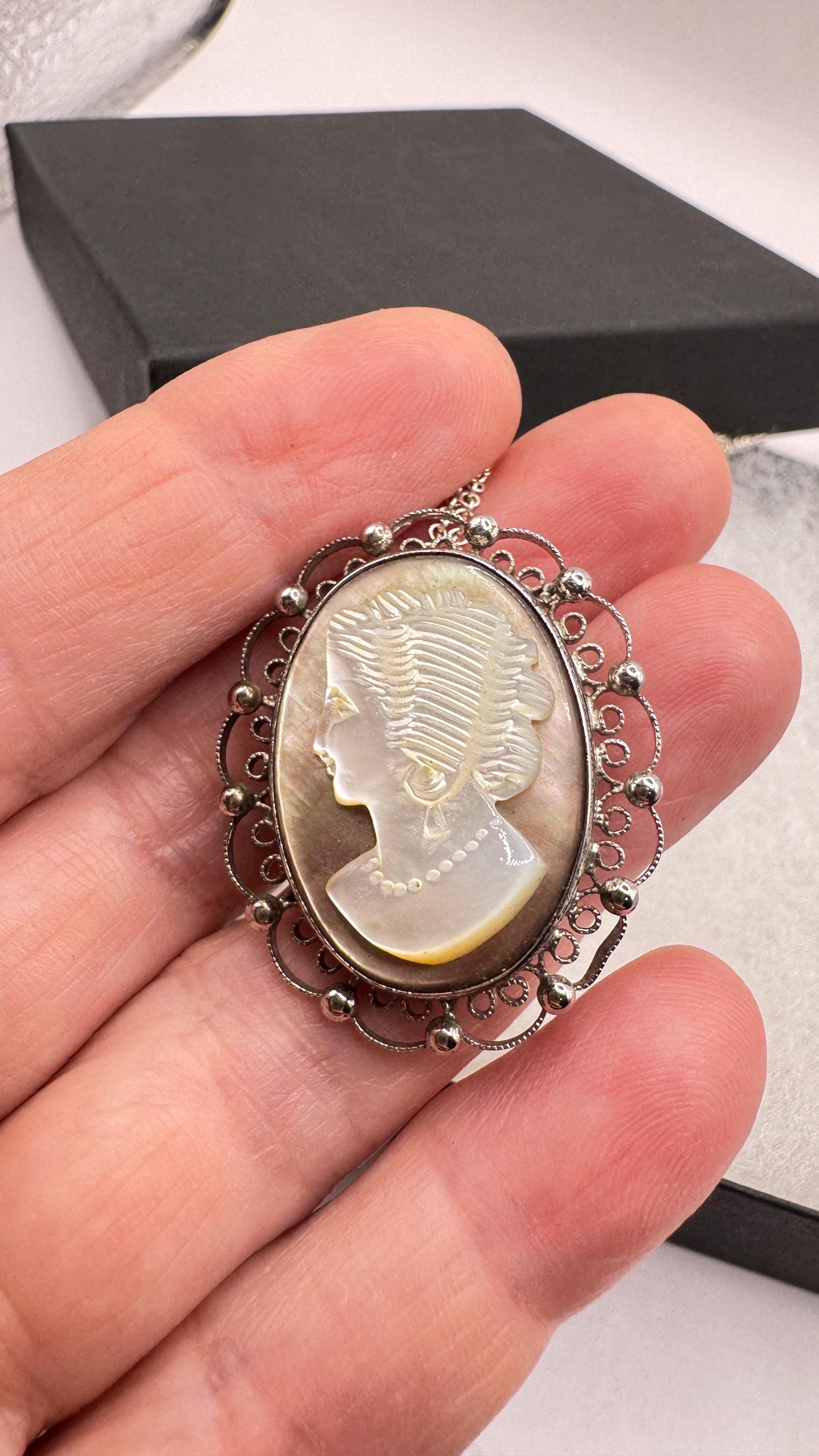 Vintage abalone Cameo Sterling Silver Necklace Pin Brooch