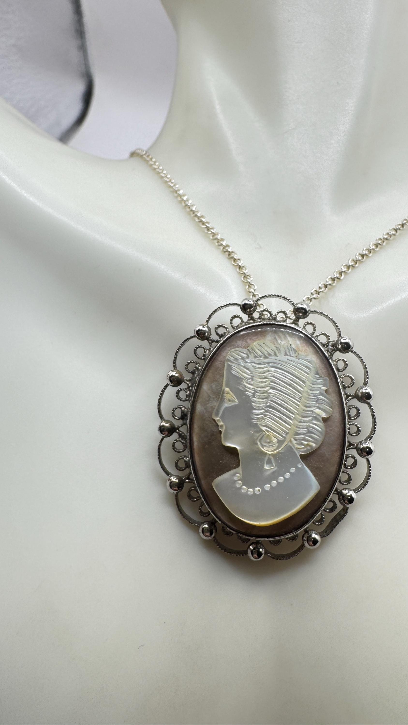 Vintage abalone Cameo Sterling Silver Necklace Pin Brooch