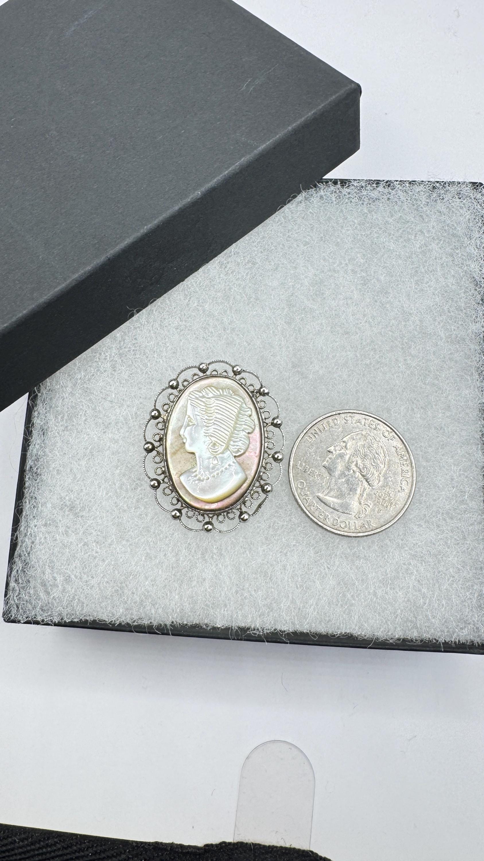 Vintage abalone Cameo Sterling Silver Necklace Pin Brooch