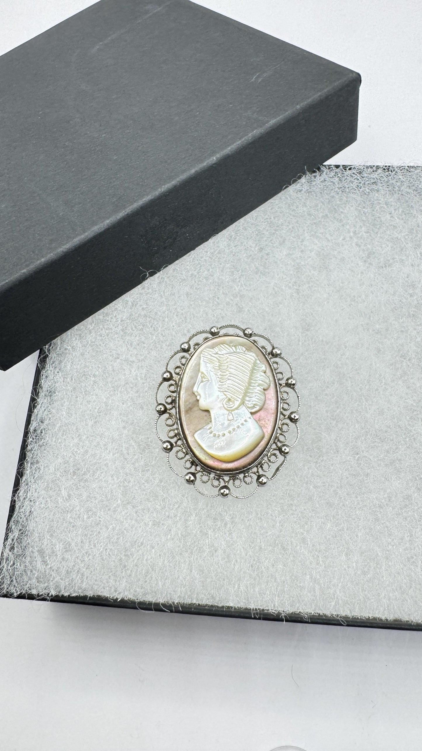 Vintage abalone Cameo Sterling Silver Necklace Pin Brooch