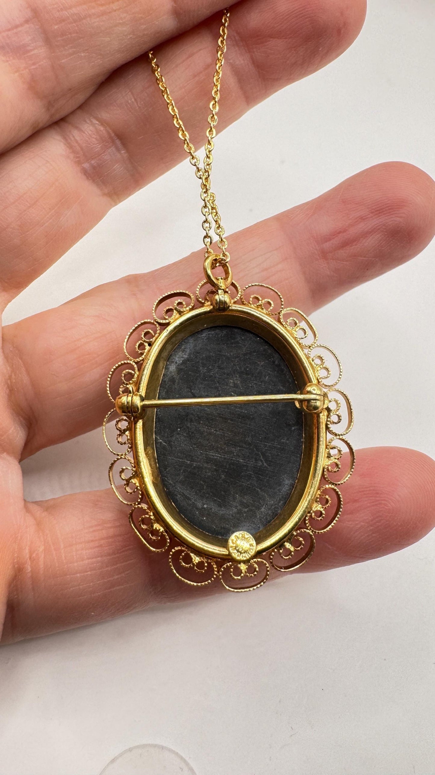 Vintage abalone Cameo Gold Filled Necklace Pin Brooch