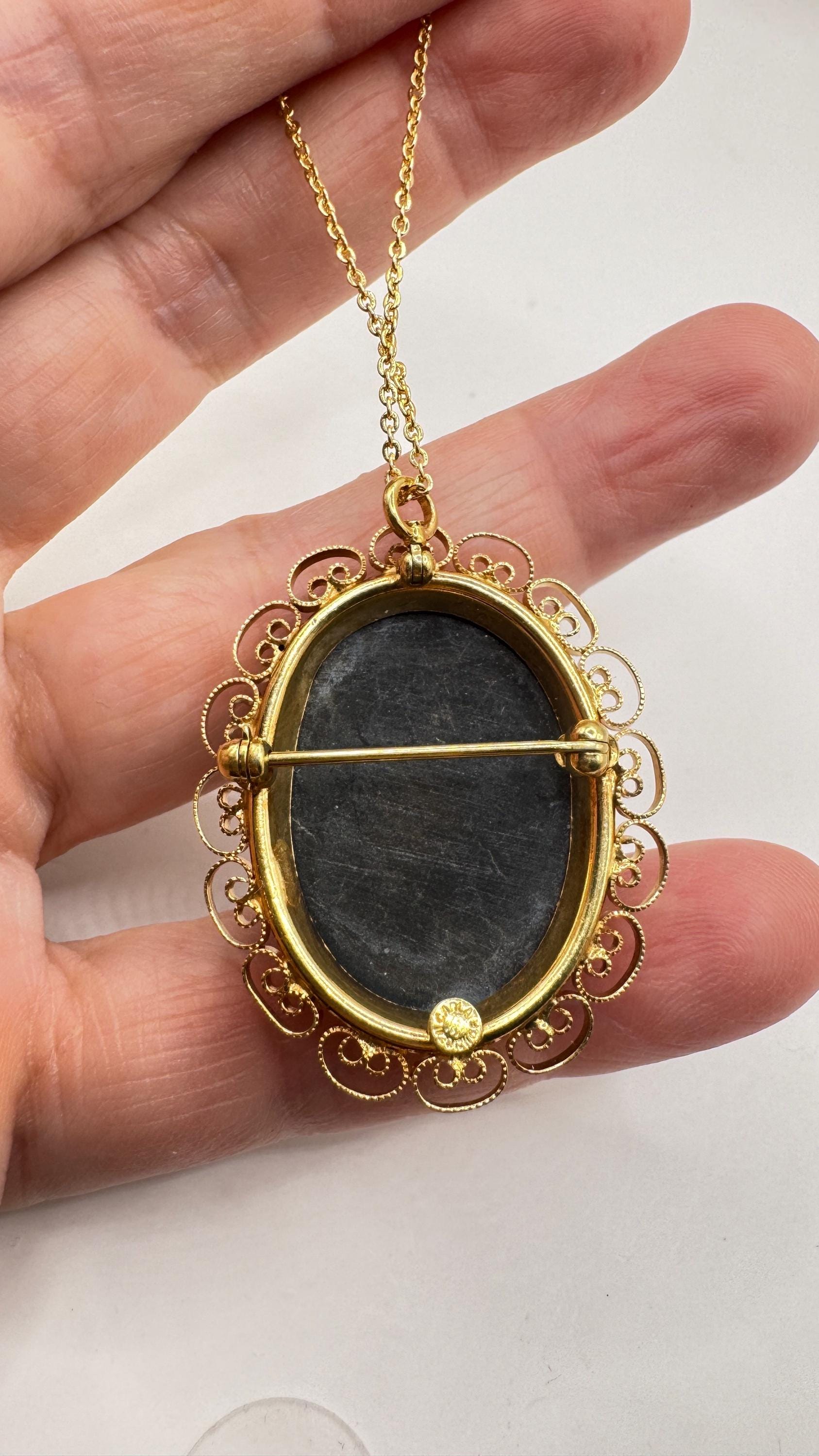 Vintage abalone Cameo Gold Filled Necklace Pin Brooch