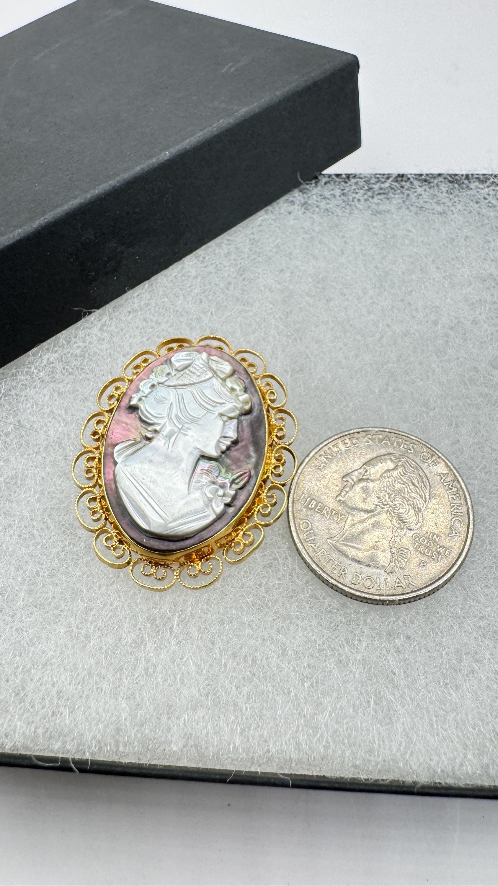 Vintage abalone Cameo Gold Filled Necklace Pin Brooch