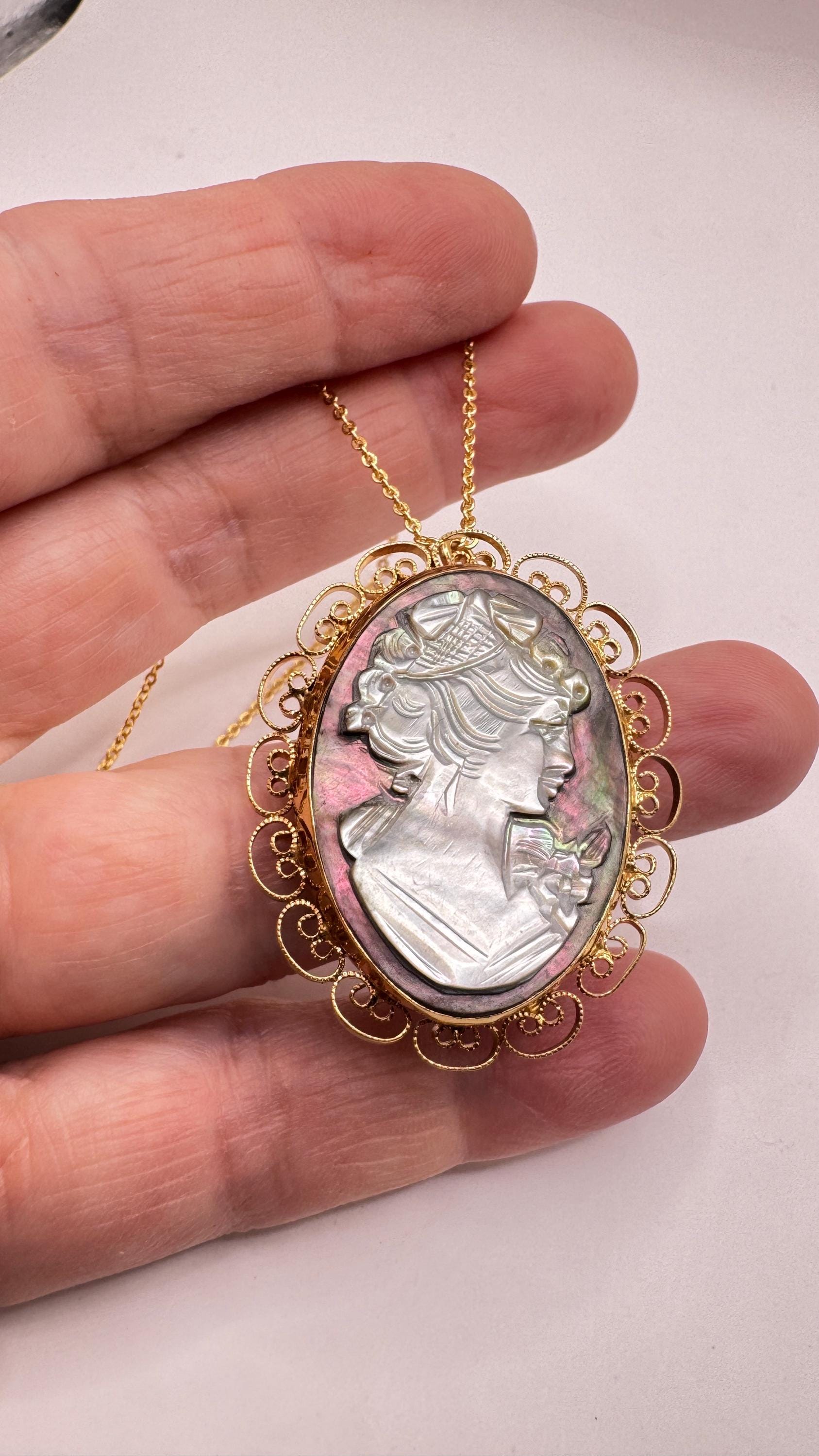 Vintage abalone Cameo Gold Filled Necklace Pin Brooch