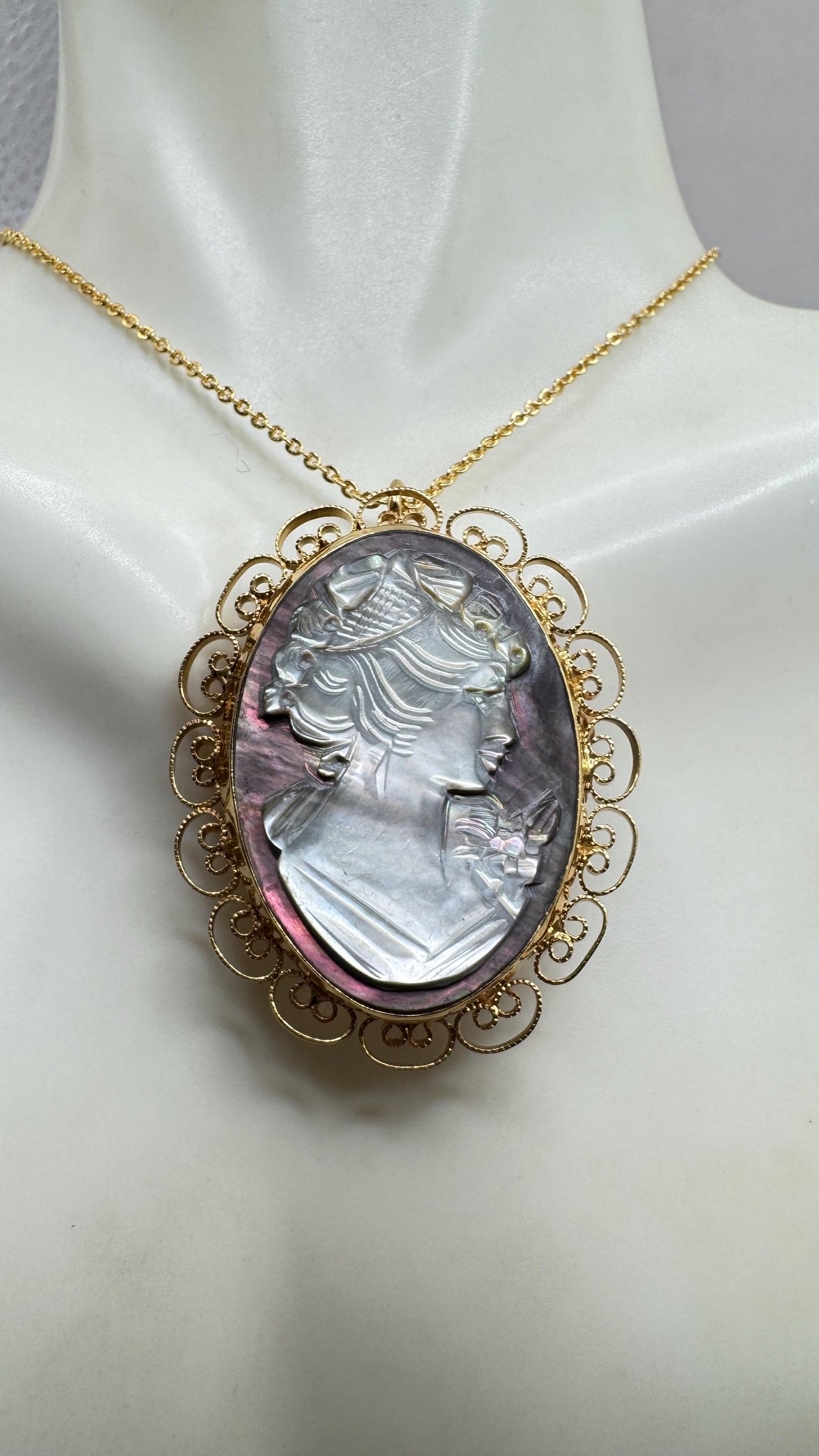 Vintage abalone Cameo Gold Filled Necklace Pin Brooch