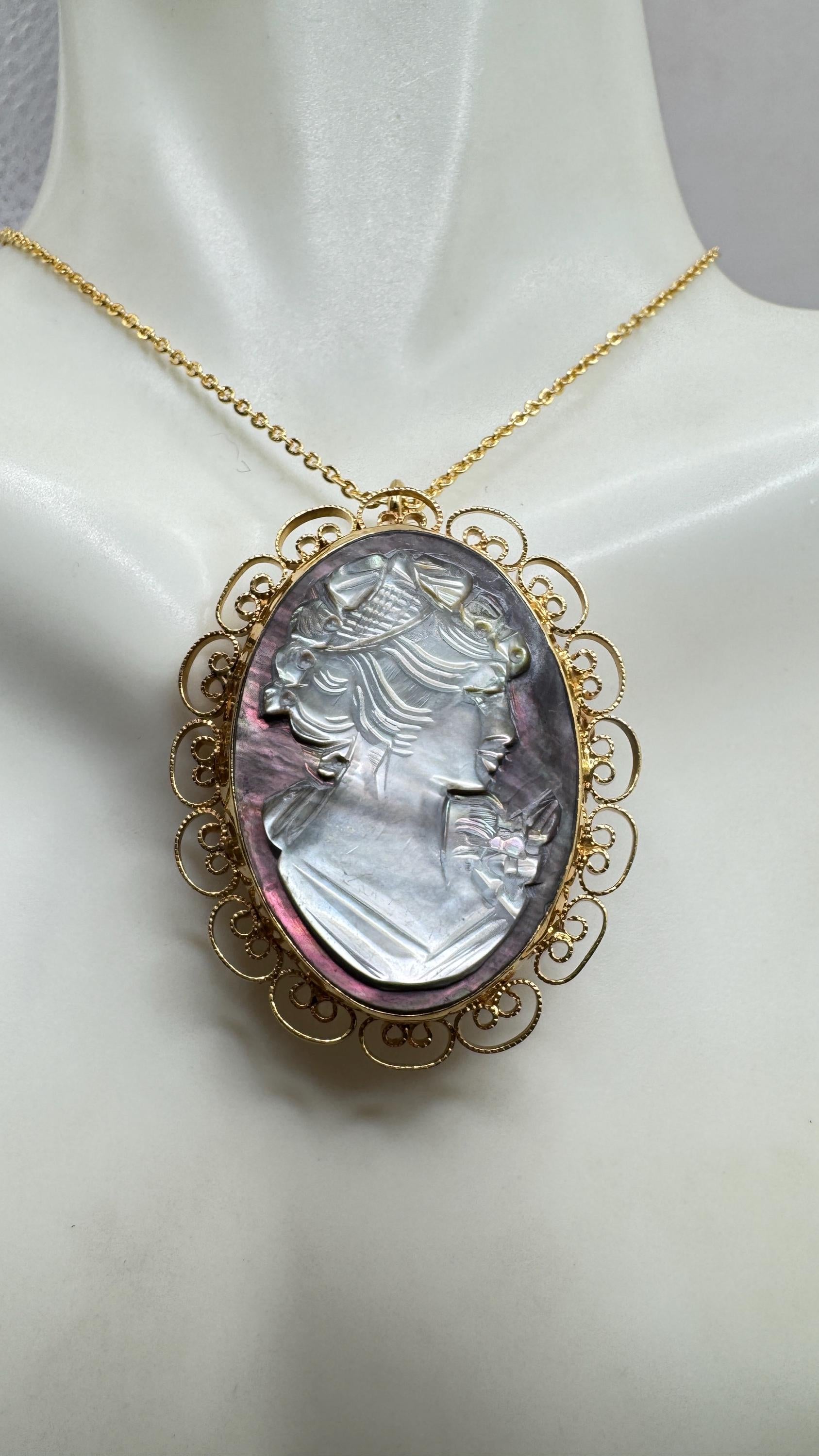 Vintage abalone Cameo Gold Filled Necklace Pin Brooch