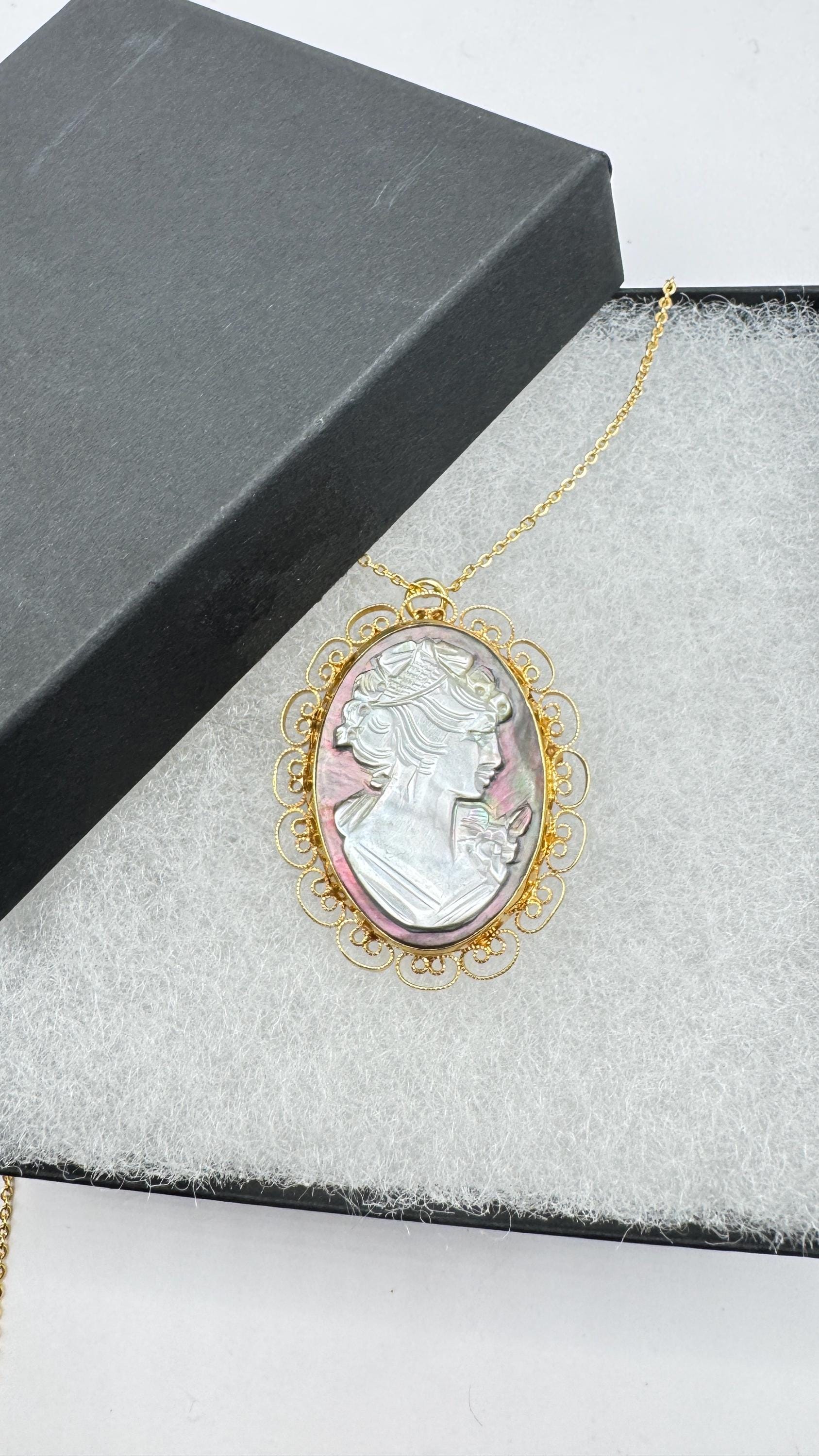 Vintage abalone Cameo Gold Filled Necklace Pin Brooch