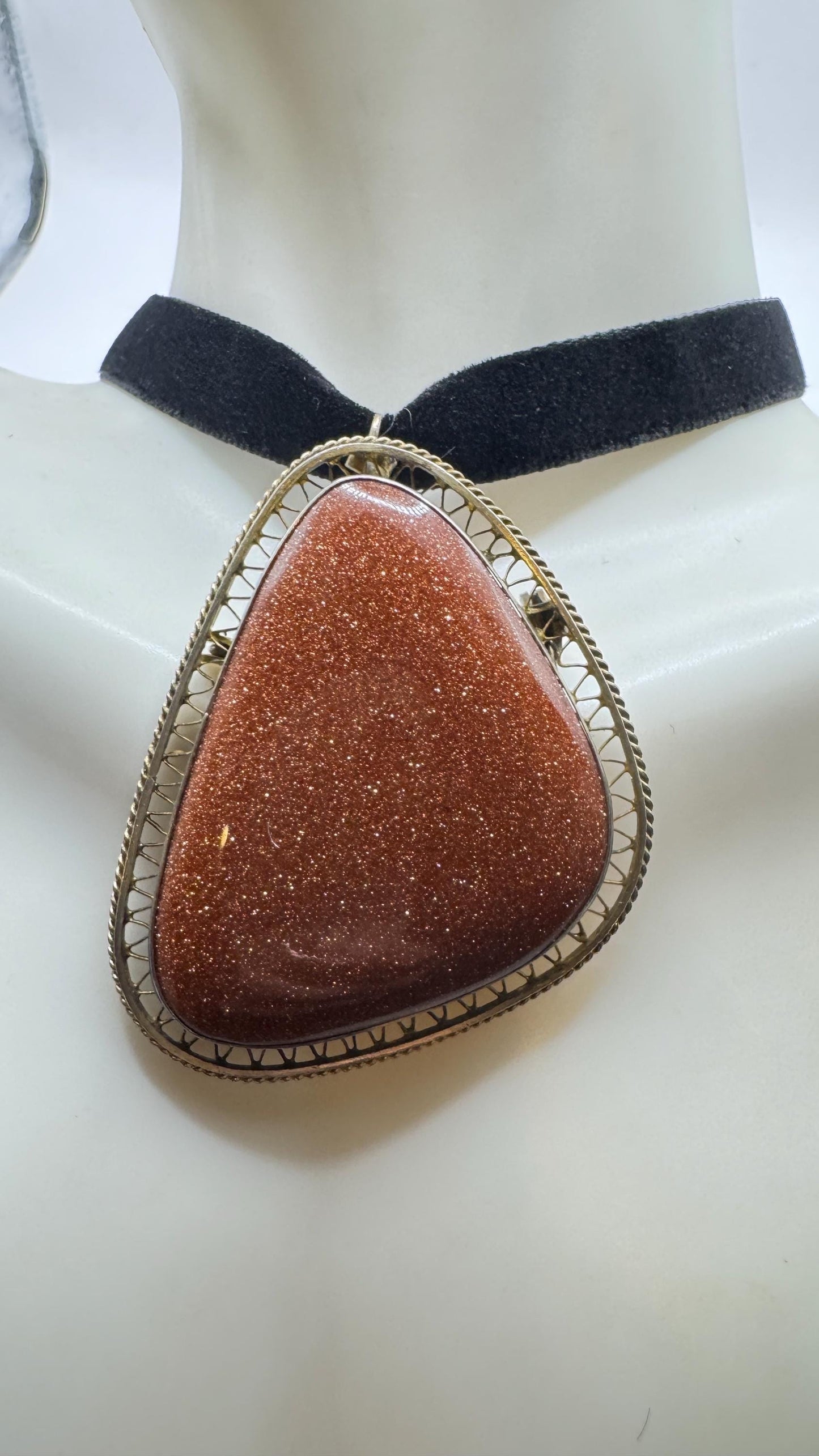 Vintage Goldstone Choker Gold Filled Necklace Pin Brooch