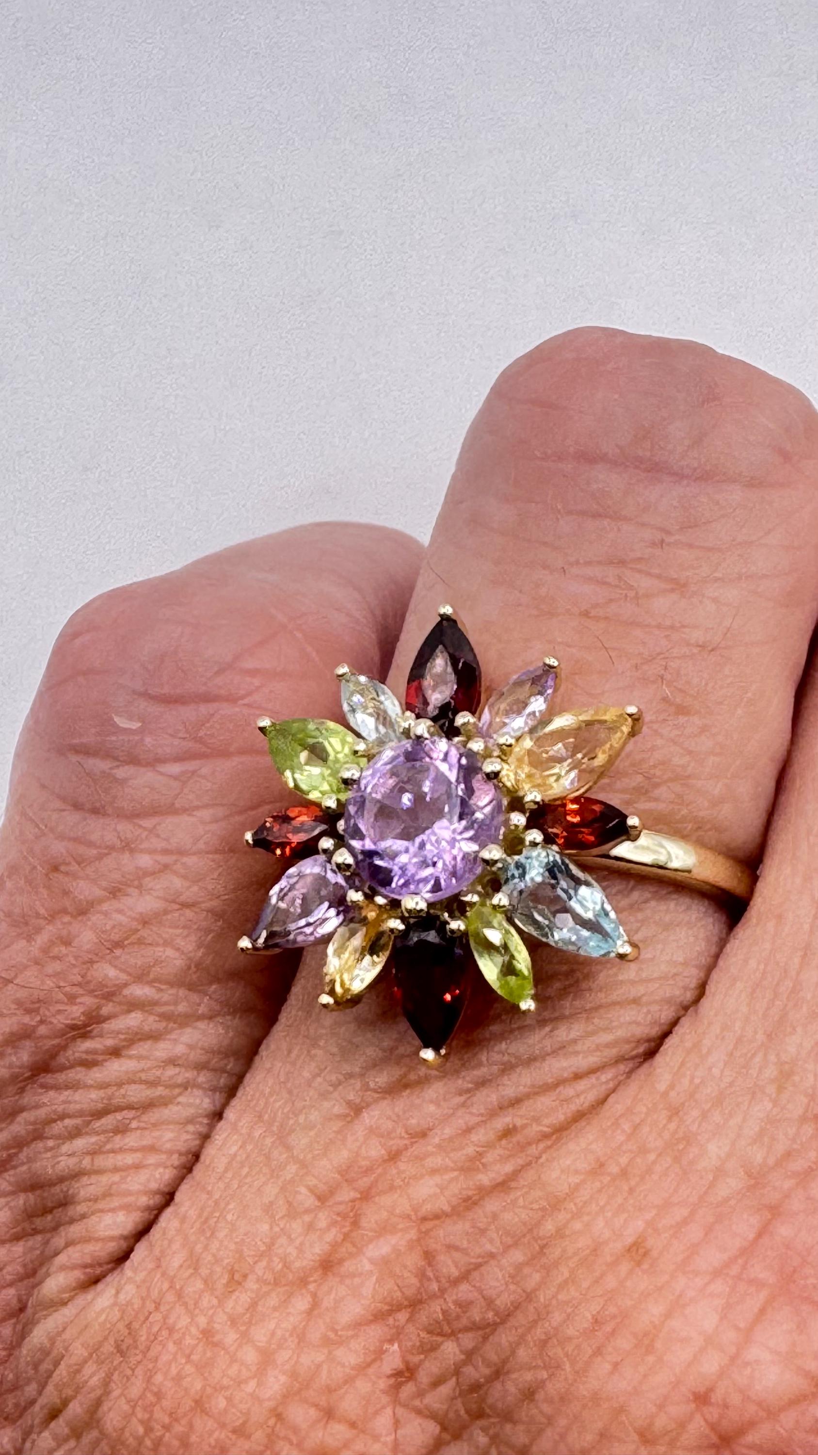 Vintage Mixed Genuine Gemstones 925 Sterling Silver Heart Cocktail Ring