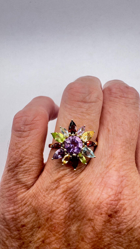 Vintage Mixed Genuine Gemstones 925 Sterling Silver Heart Cocktail Ring