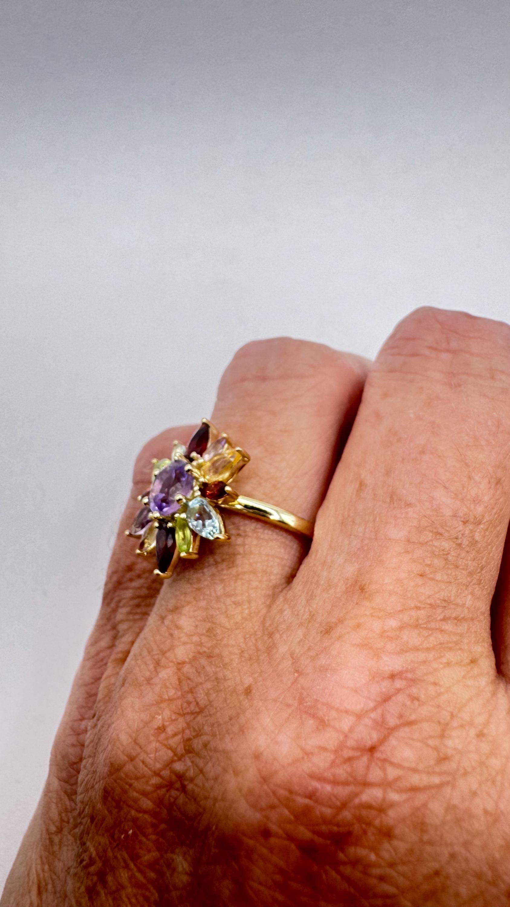 Vintage Mixed Genuine Gemstones 925 Sterling Silver Heart Cocktail Ring