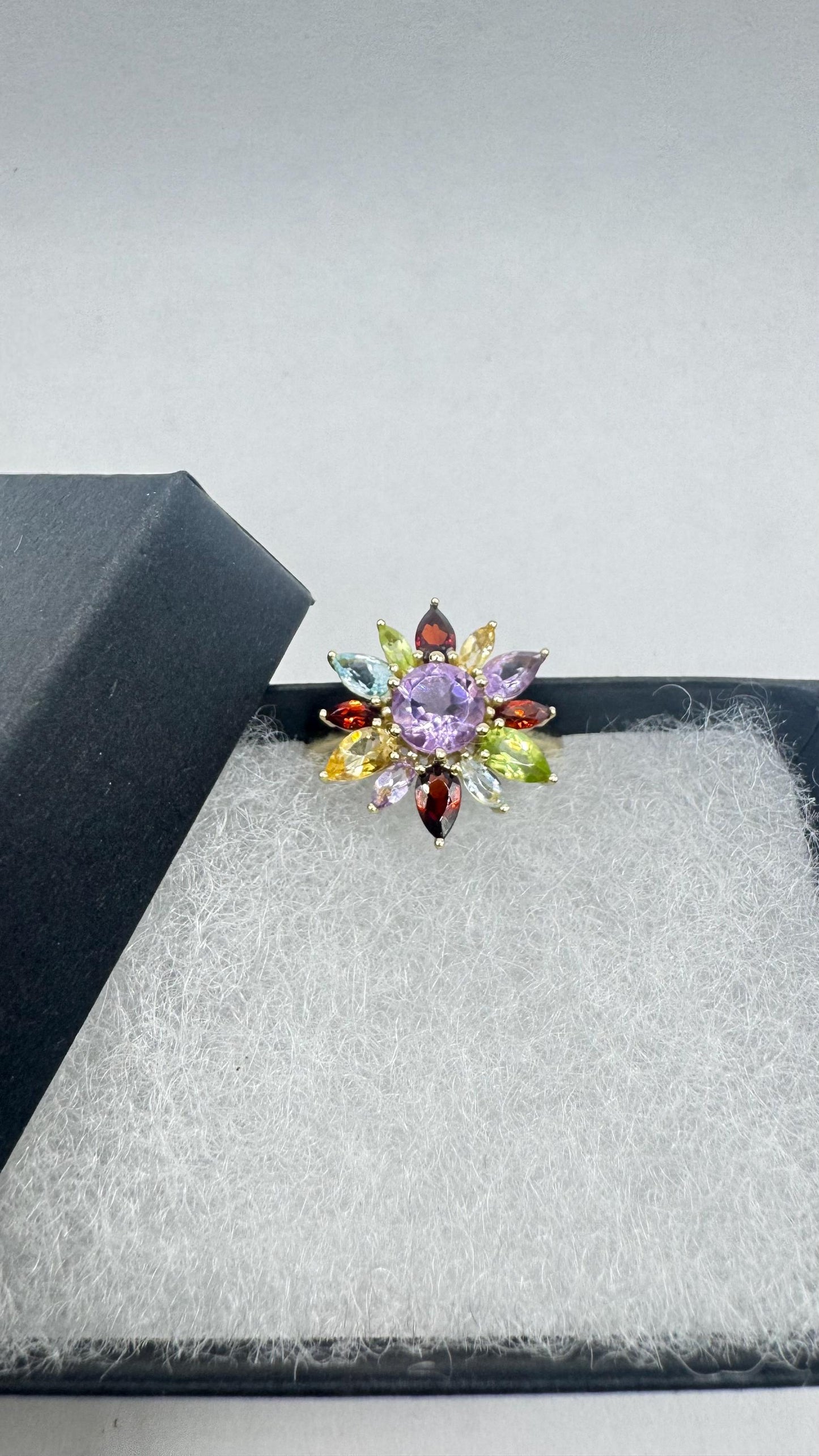 Vintage Mixed Genuine Gemstones 925 Sterling Silver Heart Cocktail Ring