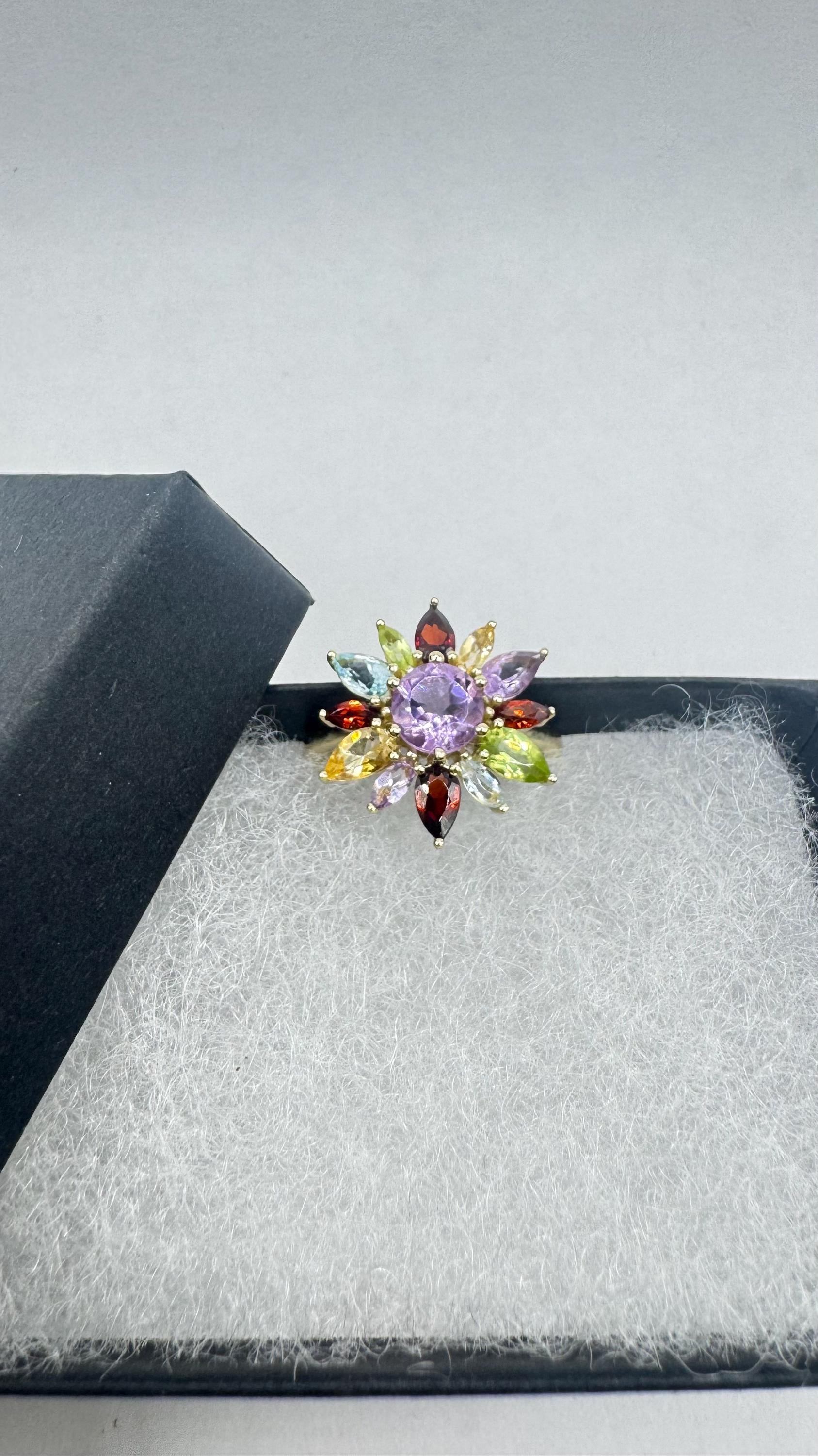 Vintage Mixed Genuine Gemstones 925 Sterling Silver Heart Cocktail Ring