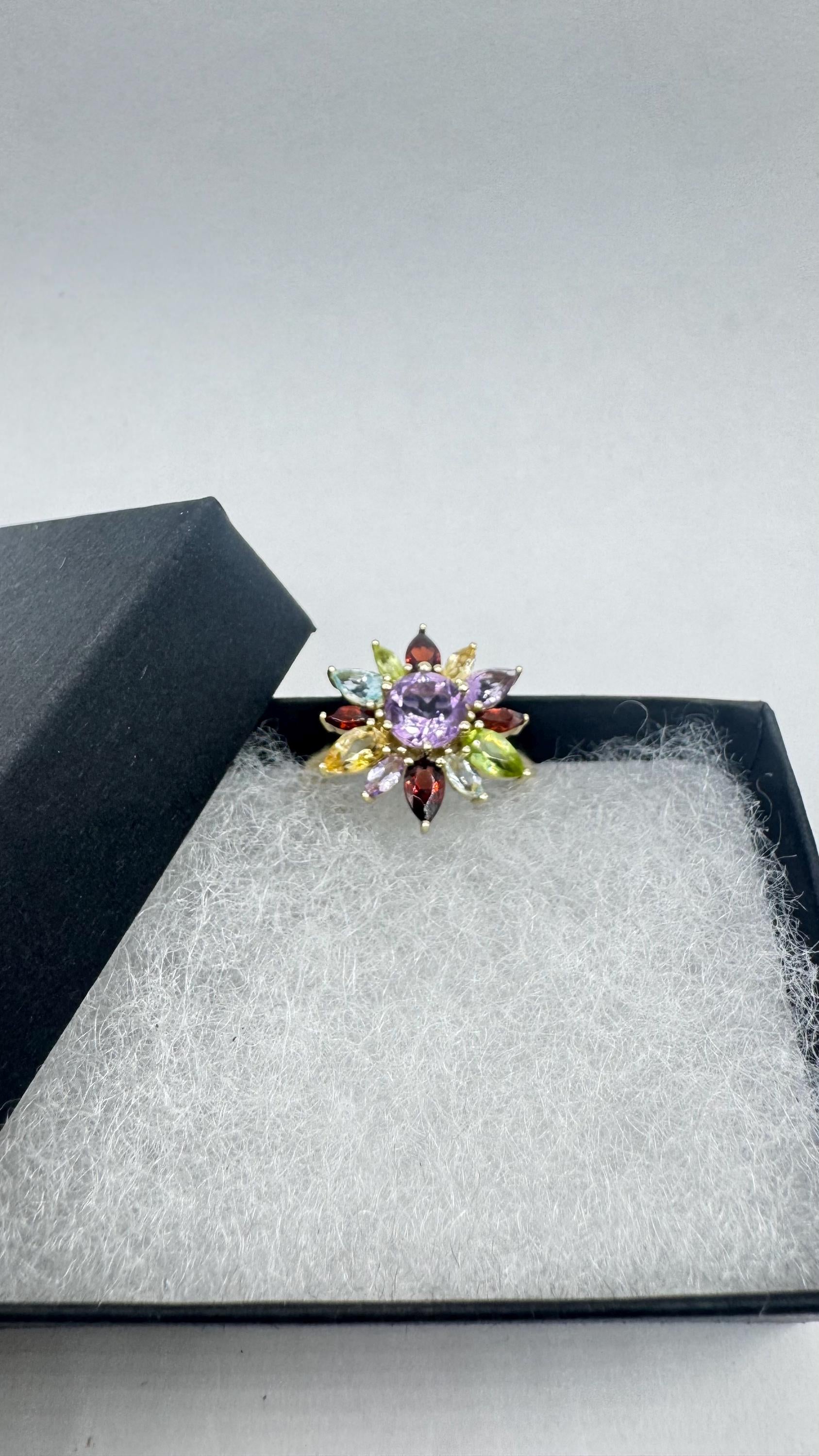 Vintage Mixed Genuine Gemstones 925 Sterling Silver Heart Cocktail Ring