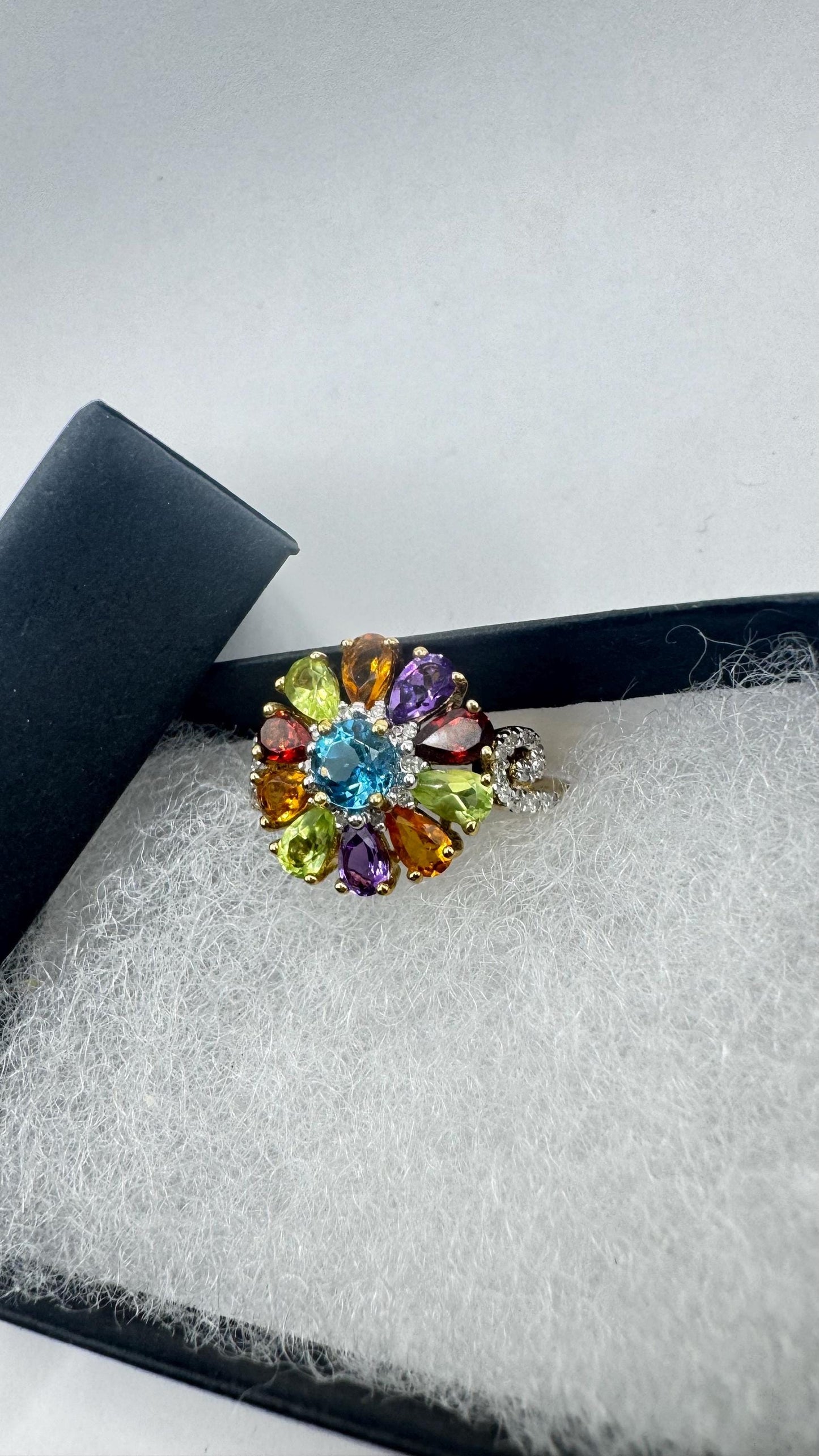 Vintage mixed genuine gemstones Golden 925 Sterling Silver Cocktail Ring