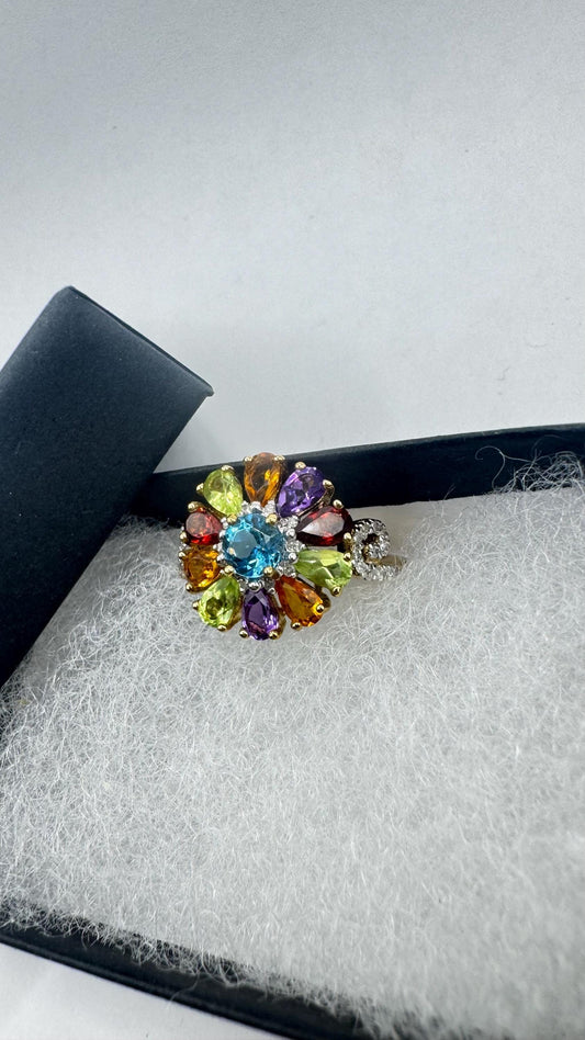 Vintage mixed genuine gemstones Golden 925 Sterling Silver Cocktail Ring