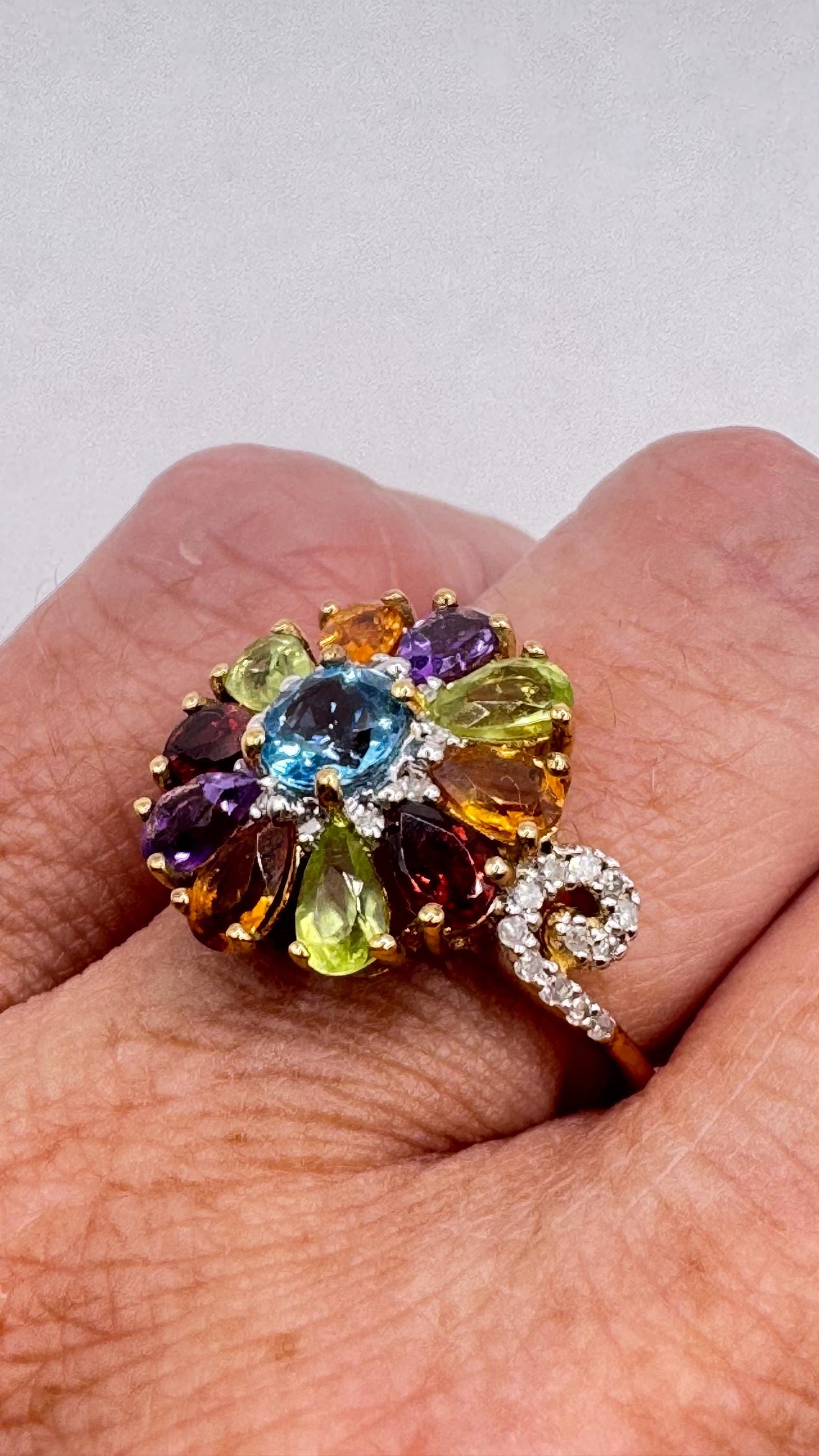 Vintage mixed genuine gemstones Golden 925 Sterling Silver Cocktail Ring