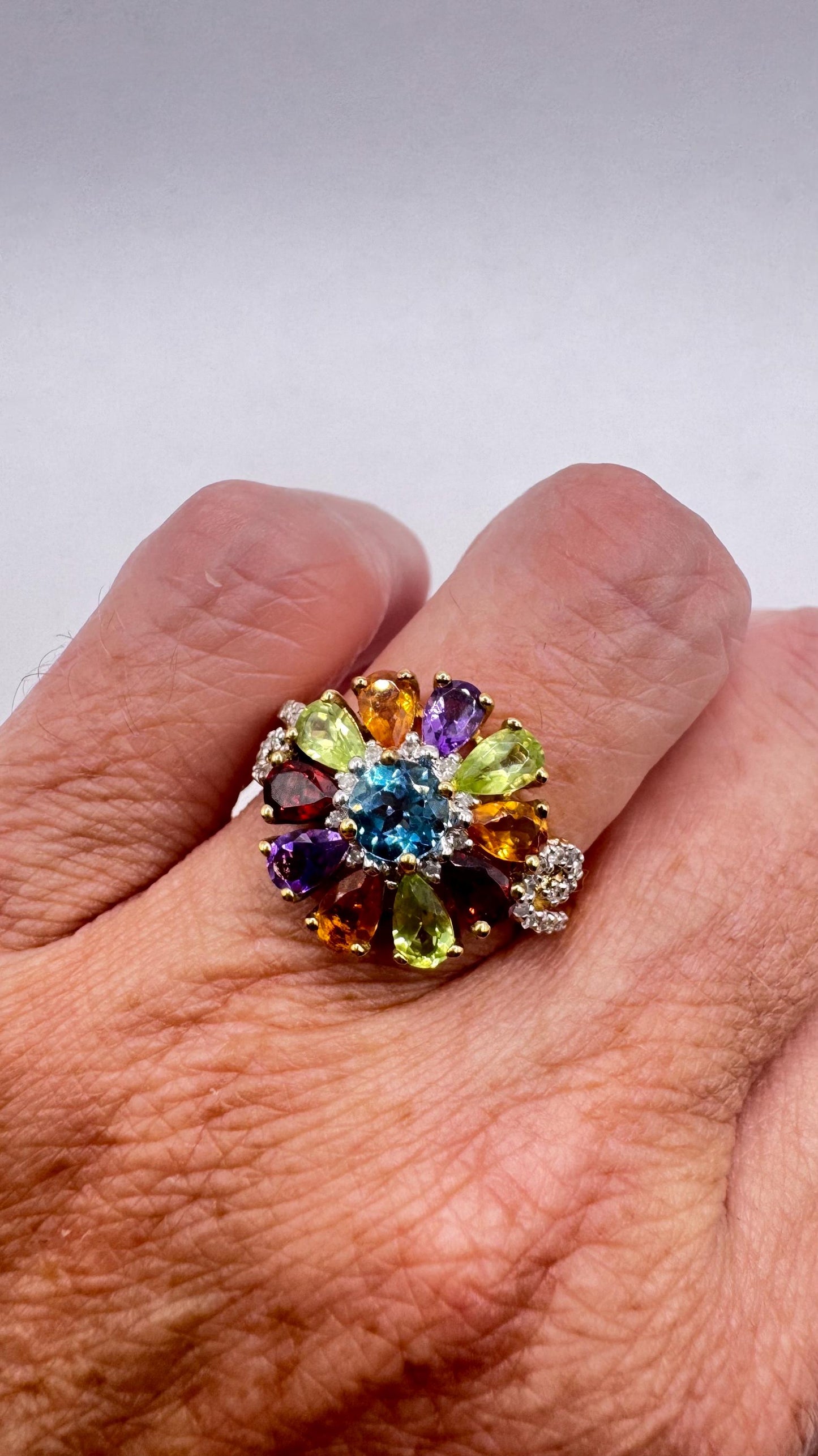 Vintage mixed genuine gemstones Golden 925 Sterling Silver Cocktail Ring