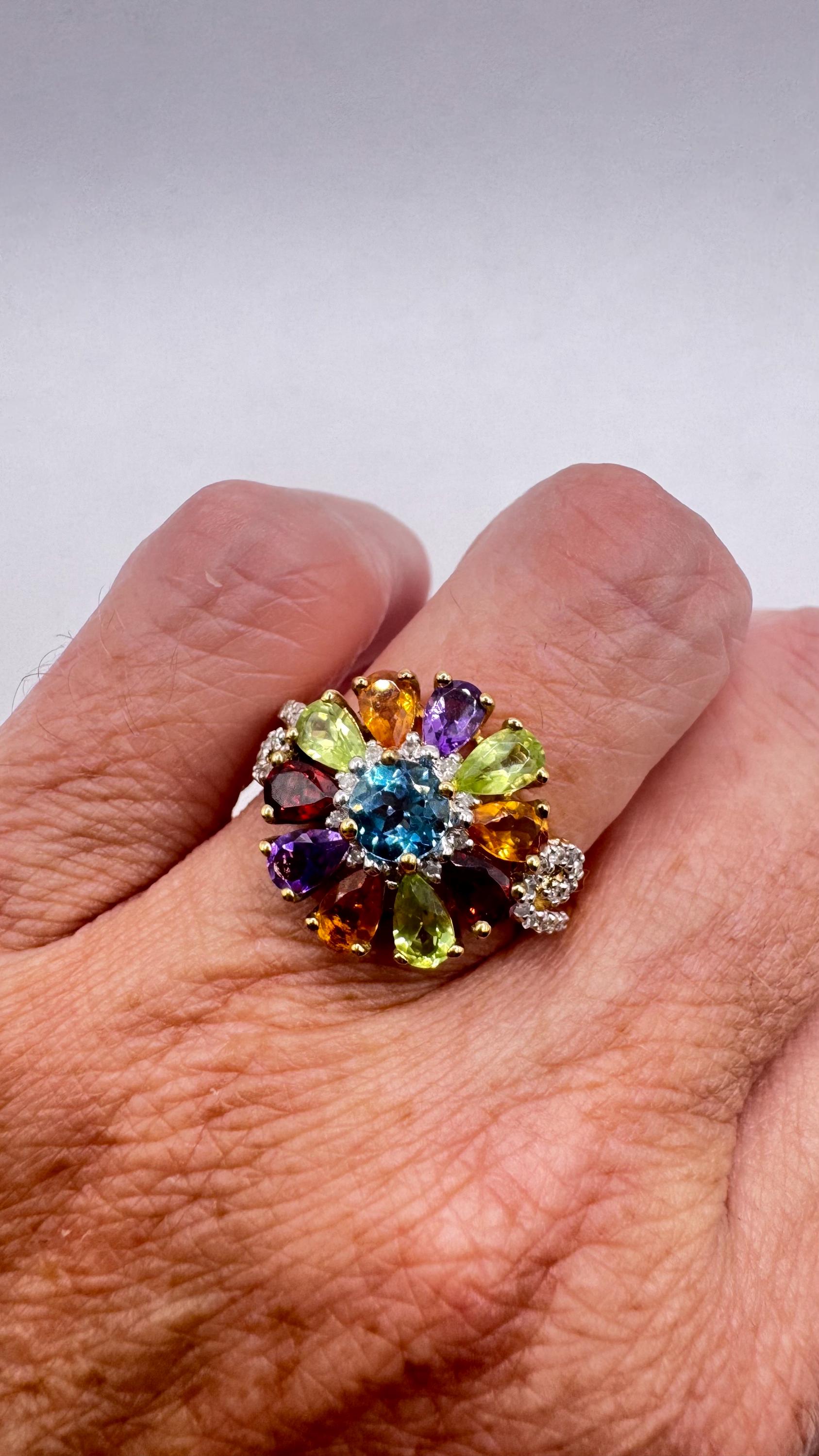 Vintage mixed genuine gemstones Golden 925 Sterling Silver Cocktail Ring