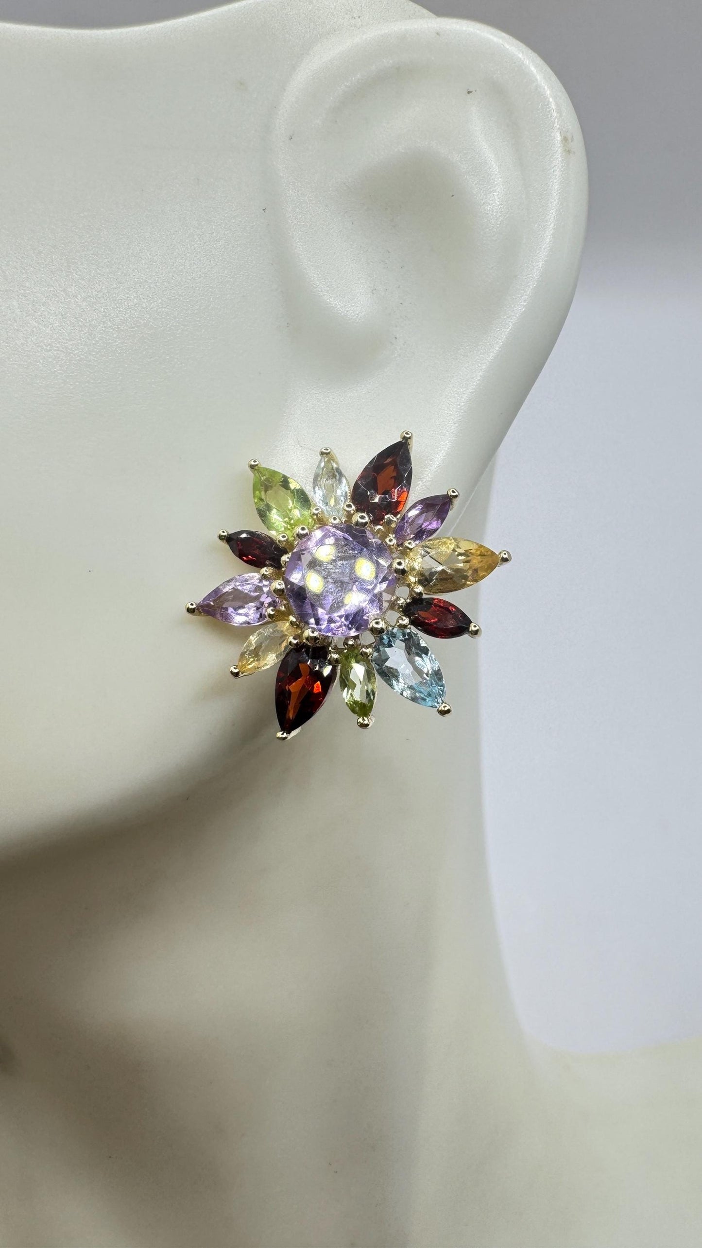 Vintage Mixed Gemstone Gold 925 Sterling Silver button Earrings