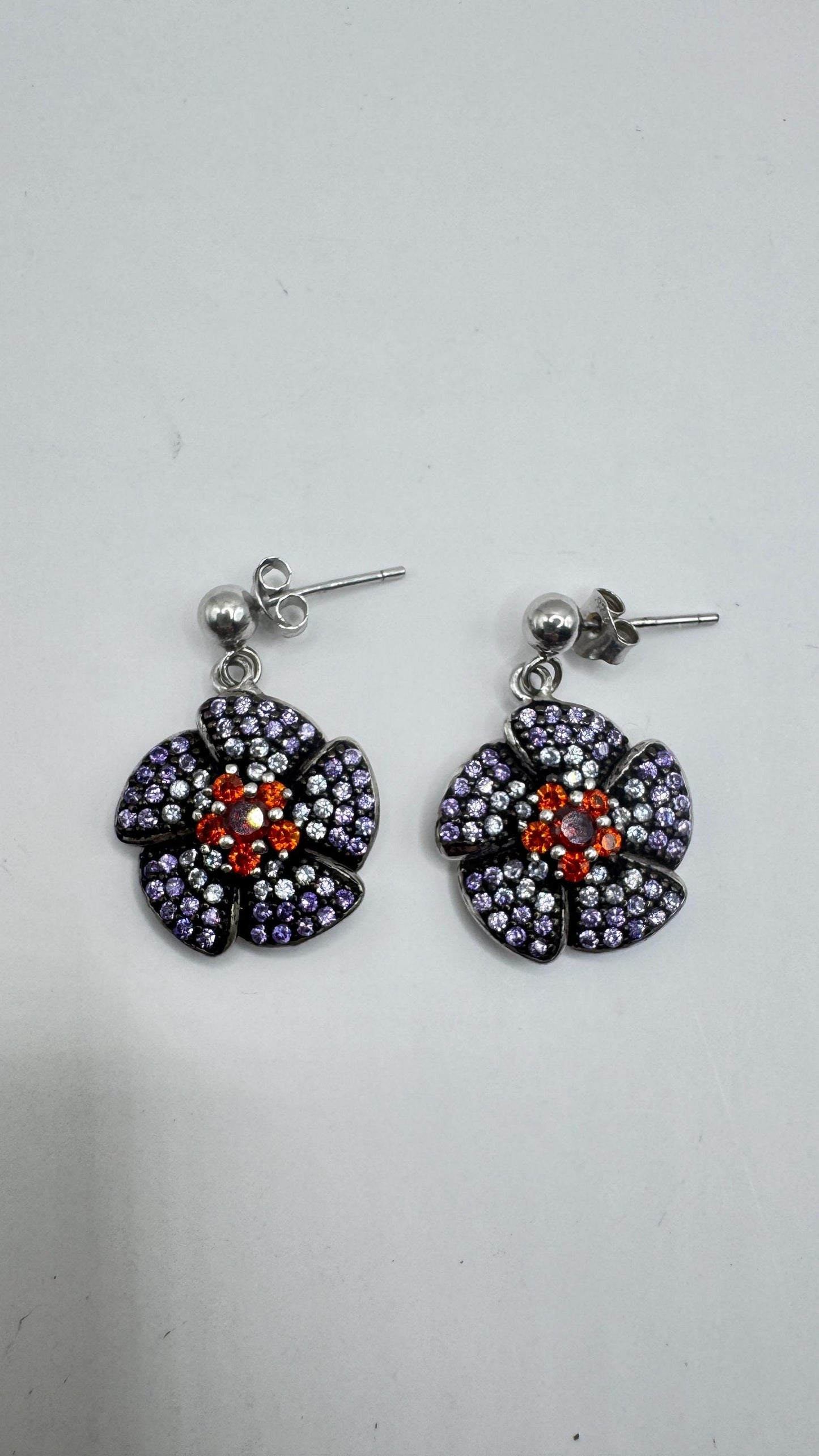Vintage Garnet Tanzanite Flower 925 Sterling Silver Earrings