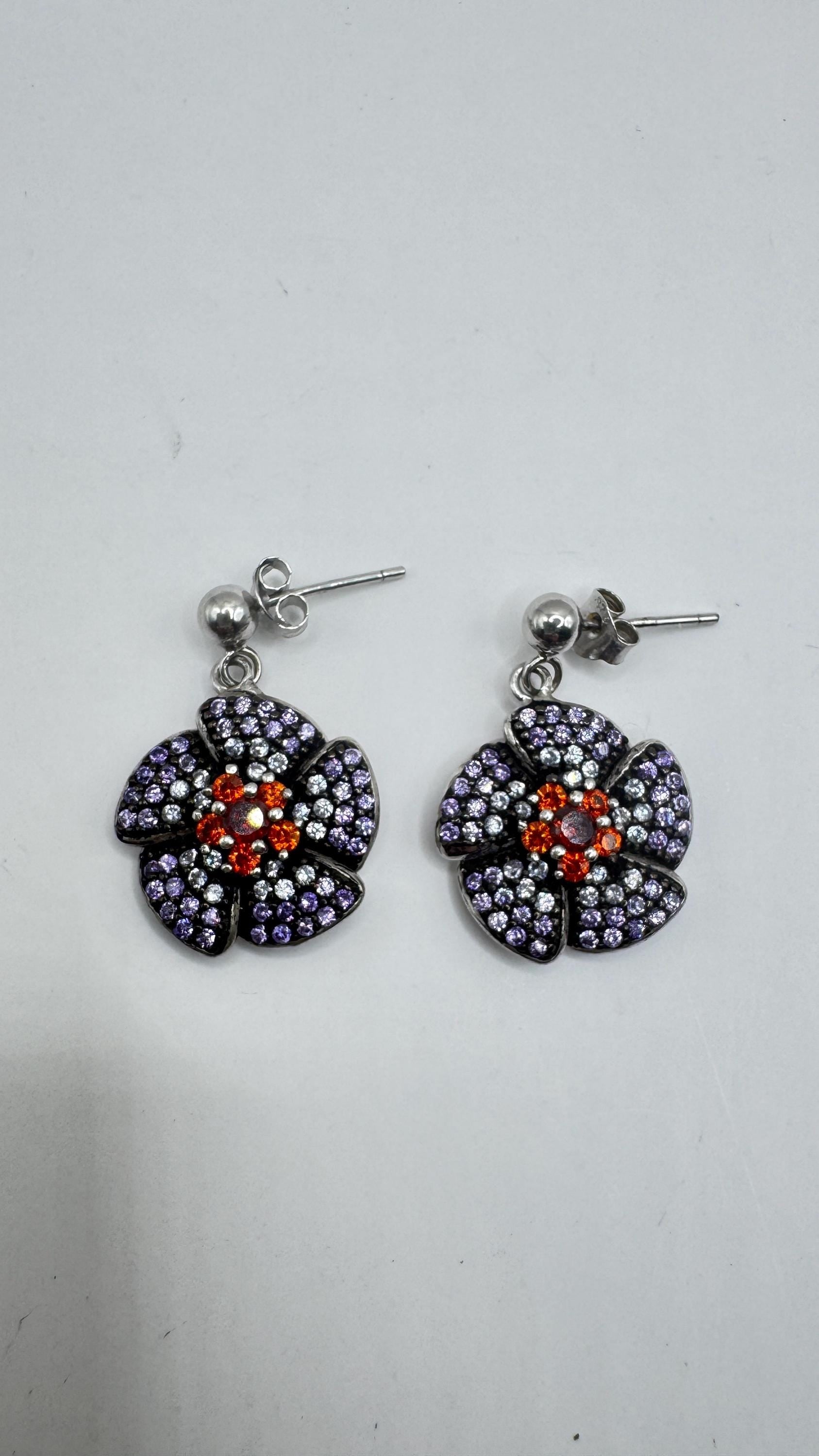 Vintage Garnet Tanzanite Flower 925 Sterling Silver Earrings