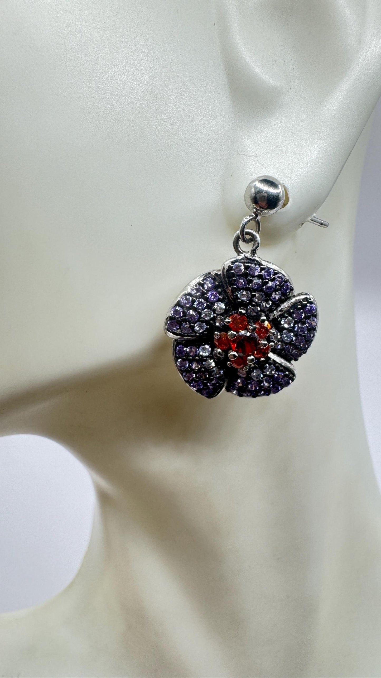 Vintage Garnet Tanzanite Flower 925 Sterling Silver Earrings